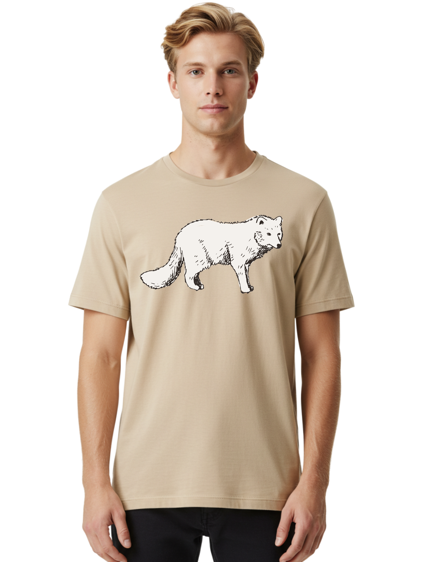 Arctic-Fox Men'S Graphic Tee, 100% Cotton, Comfortable Casual Summer Wear, Machine Washable, Arctic Fox, White Fur, Wild Animal, Wildlife Illustration, Cartoon Style, Simple Lines, Hand-Drawn, Furry Texture, Animal Portrait - Aaa741
