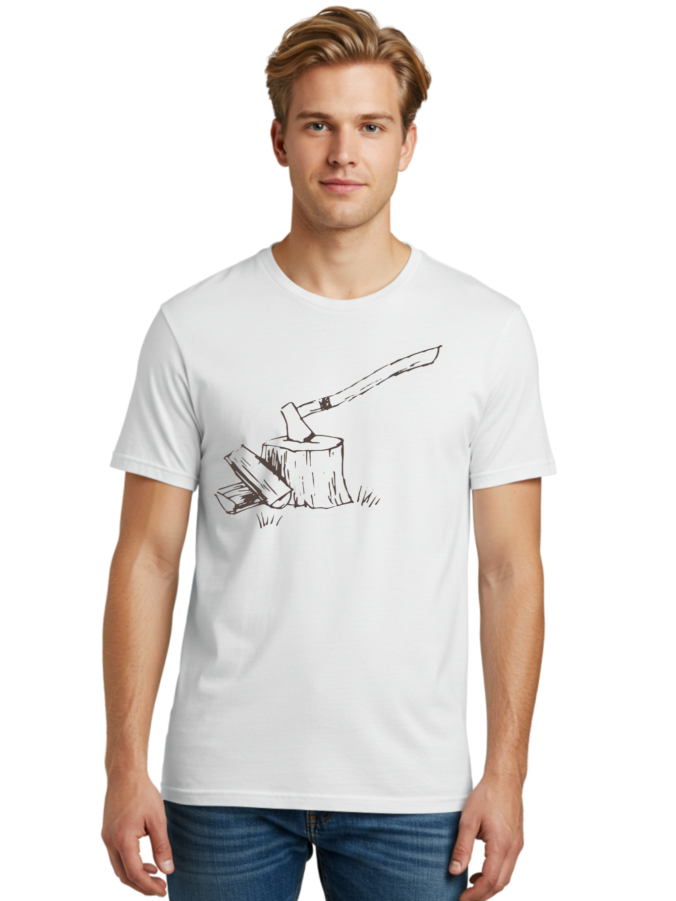 Axe-Chopping-Wood Men'S Graphic Tee, 100% Cotton, Comfortable Casual Summer Wear, Machine Washable, Axe On Chopping Block, Chopping Wood, Log Splitting, Firewood Preparation, Rustic Tools, Outdoor Activity, Axe Handle, Wooden Stump - Aaa749