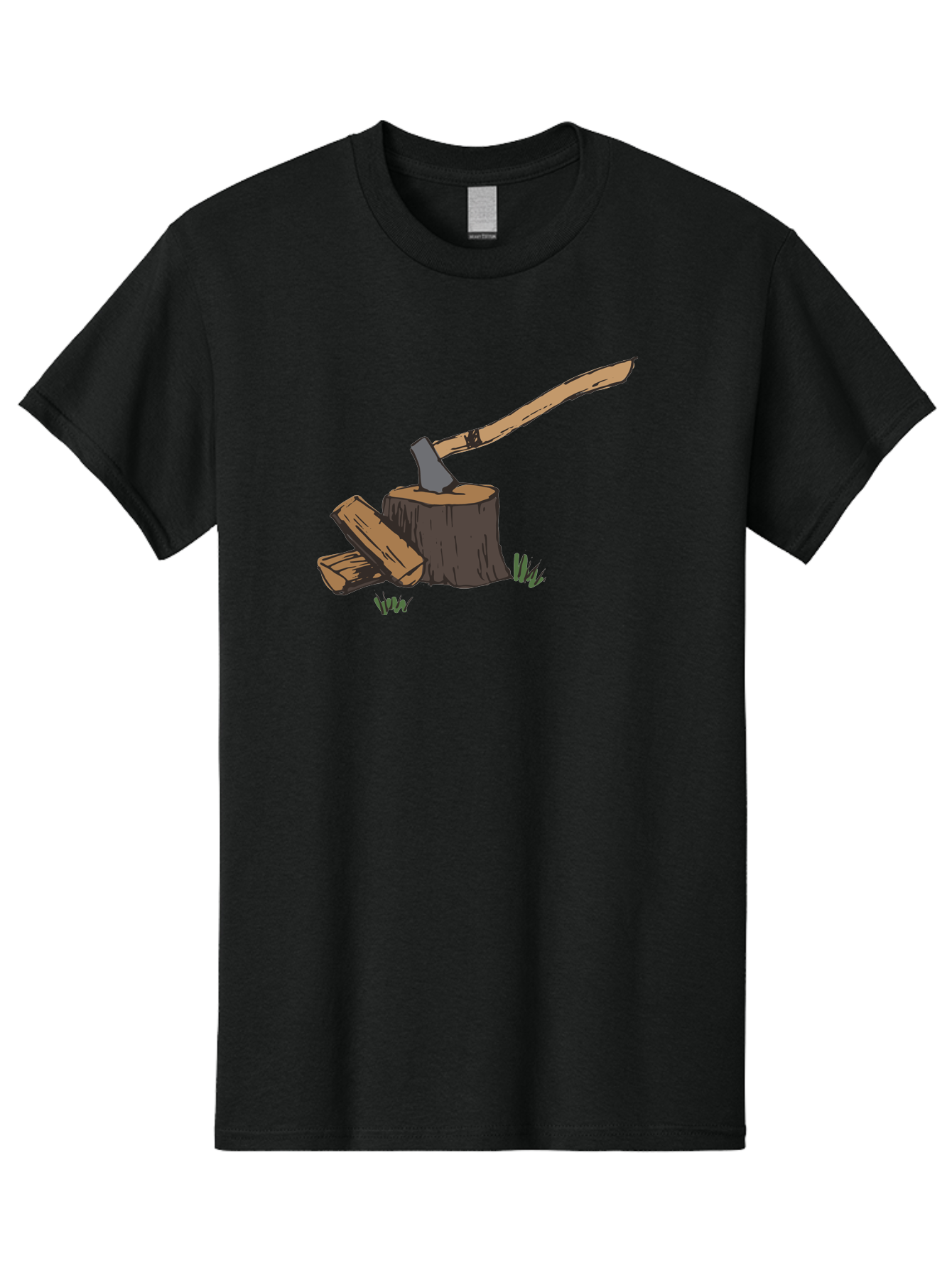 Axe-In-Stump Men'S Graphic Tee, 100% Cotton, Comfortable Casual Summer Wear, Machine Washable, Axe Stuck In Tree Stump, Chopped Wood, Outdoor Activity, Lumberjack Work, Forest Scenery, Wooden Handle, Grassy Surroundings - Aaa750