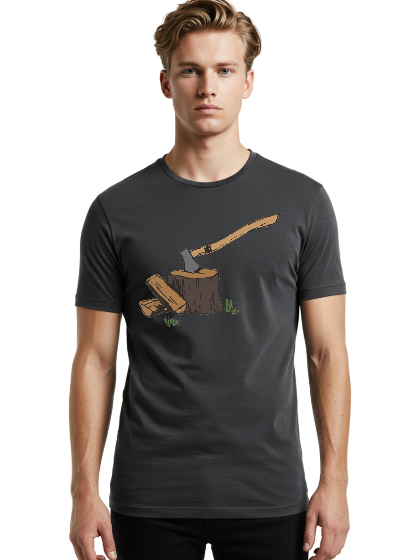 Axe-In-Stump Men'S Graphic Tee, 100% Cotton, Comfortable Casual Summer Wear, Machine Washable, Axe Stuck In Tree Stump, Chopped Wood, Outdoor Activity, Lumberjack Work, Forest Scenery, Wooden Handle, Grassy Surroundings - Aaa750
