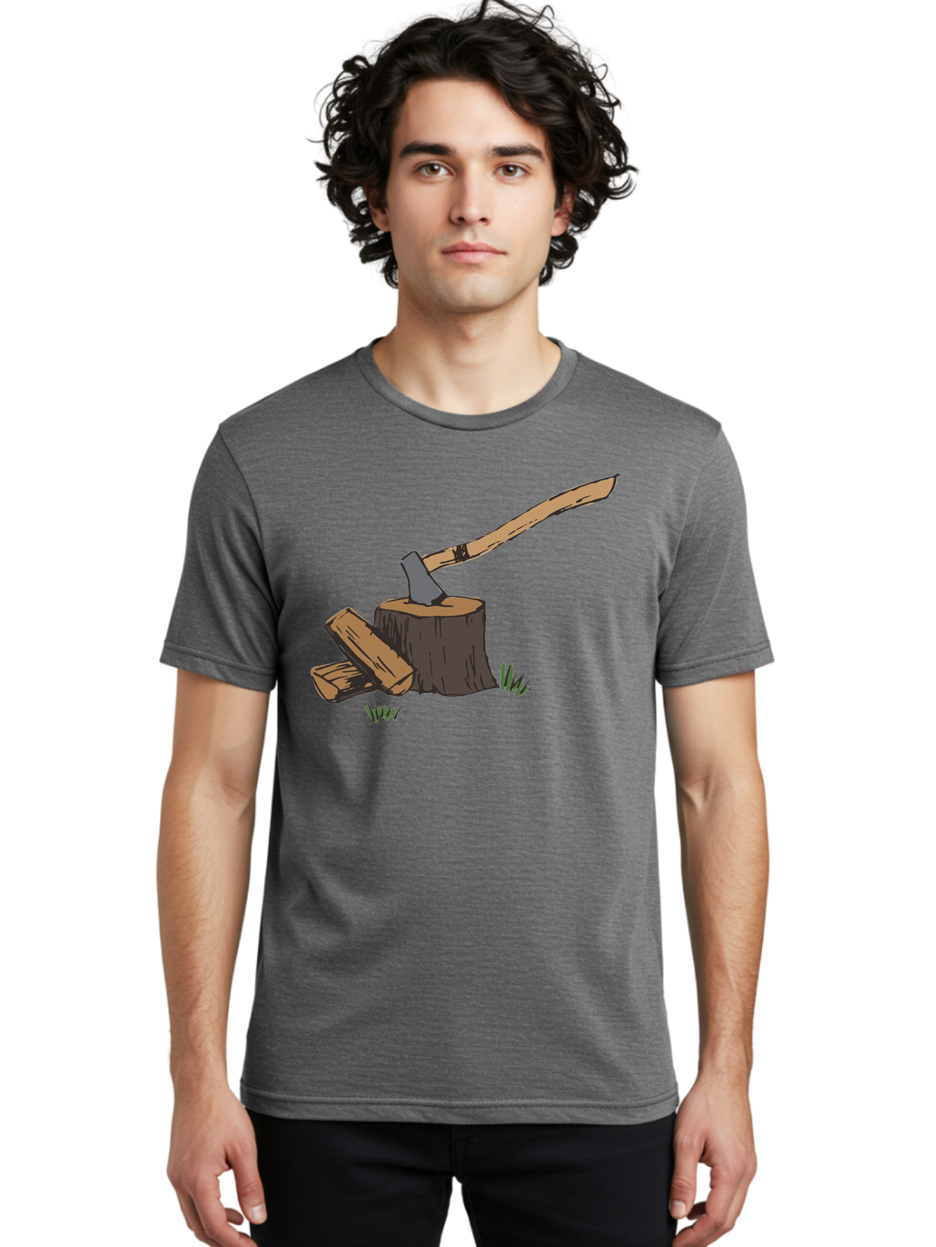 Axe-In-Stump Men'S Graphic Tee, 100% Cotton, Comfortable Casual Summer Wear, Machine Washable, Axe Stuck In Tree Stump, Chopped Wood, Outdoor Activity, Lumberjack Work, Forest Scenery, Wooden Handle, Grassy Surroundings - Aaa750