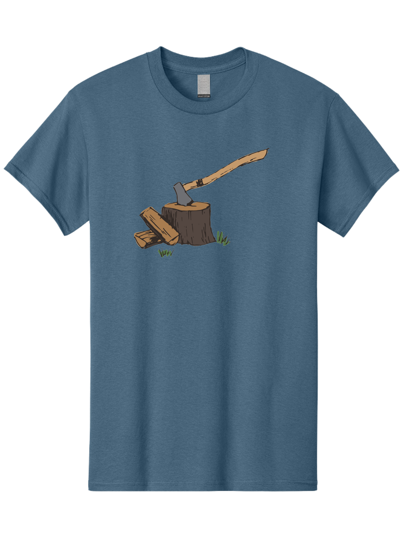 Axe-In-Stump Men'S Graphic Tee, 100% Cotton, Comfortable Casual Summer Wear, Machine Washable, Axe Stuck In Tree Stump, Chopped Wood, Outdoor Activity, Lumberjack Work, Forest Scenery, Wooden Handle, Grassy Surroundings - Aaa750