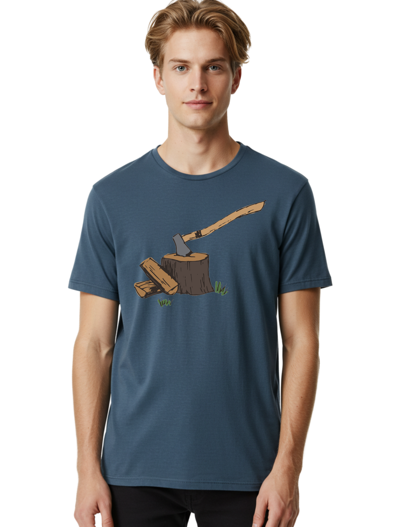 Axe-In-Stump Men'S Graphic Tee, 100% Cotton, Comfortable Casual Summer Wear, Machine Washable, Axe Stuck In Tree Stump, Chopped Wood, Outdoor Activity, Lumberjack Work, Forest Scenery, Wooden Handle, Grassy Surroundings - Aaa750