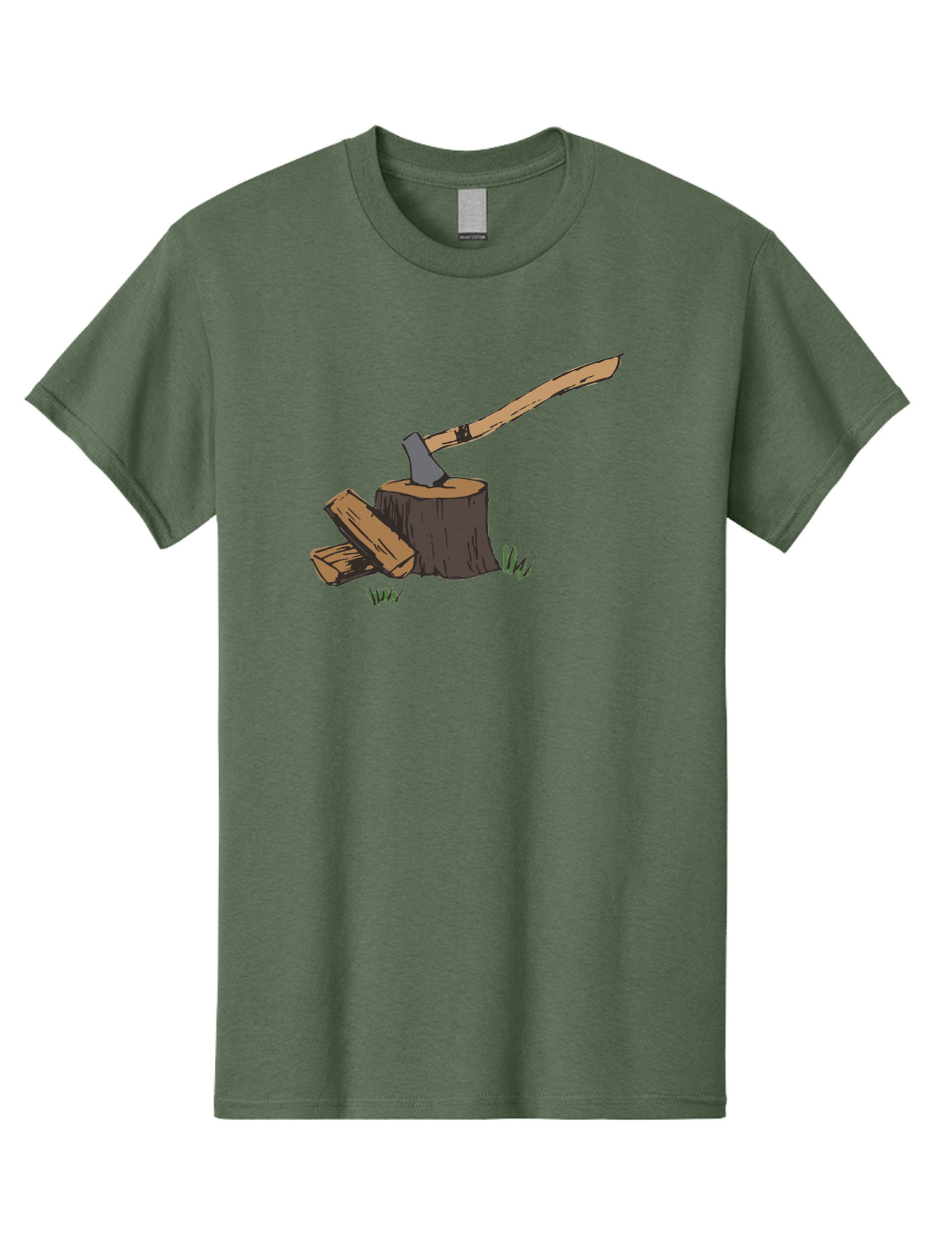 Axe-In-Stump Men'S Graphic Tee, 100% Cotton, Comfortable Casual Summer Wear, Machine Washable, Axe Stuck In Tree Stump, Chopped Wood, Outdoor Activity, Lumberjack Work, Forest Scenery, Wooden Handle, Grassy Surroundings - Aaa750