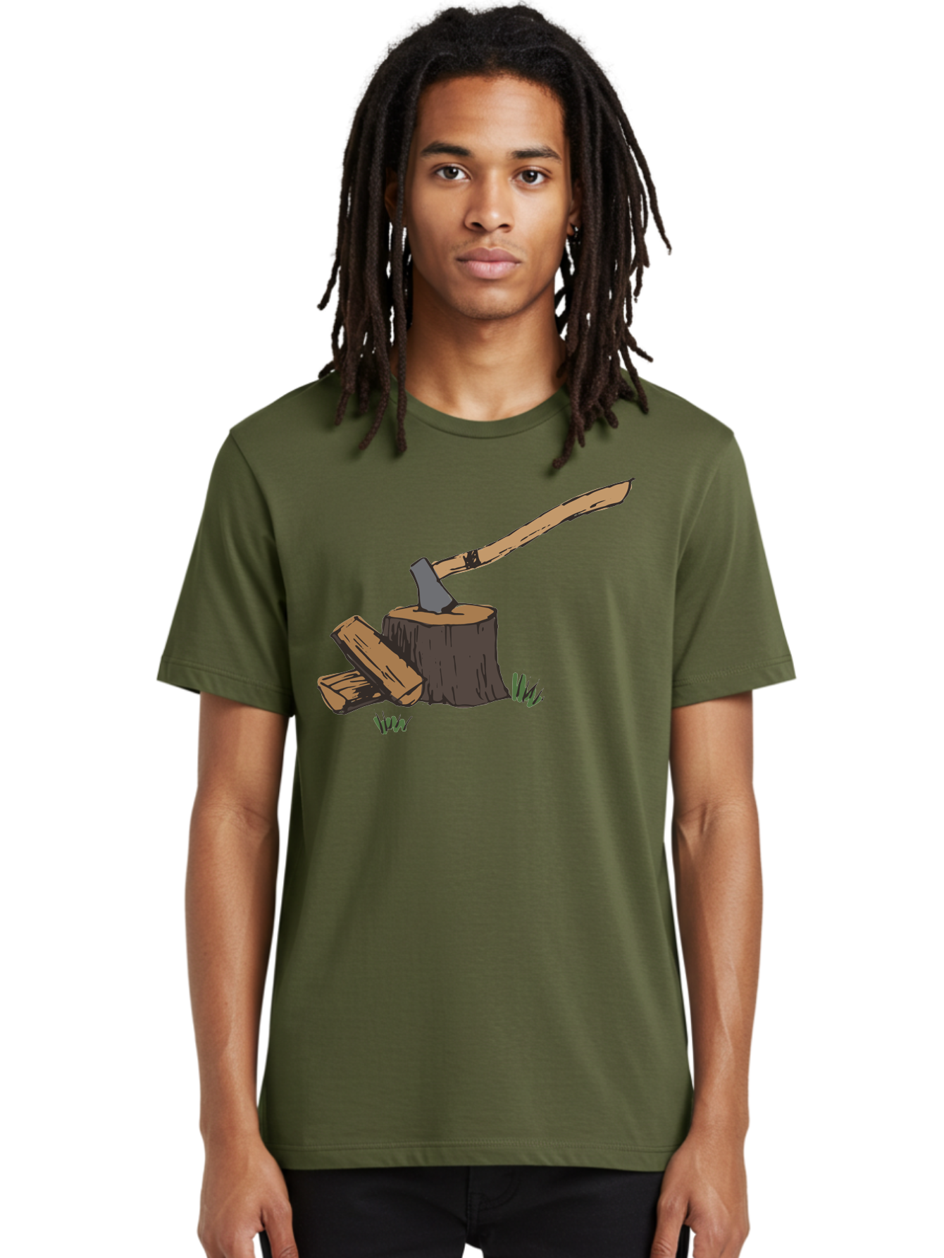 Axe-In-Stump Men'S Graphic Tee, 100% Cotton, Comfortable Casual Summer Wear, Machine Washable, Axe Stuck In Tree Stump, Chopped Wood, Outdoor Activity, Lumberjack Work, Forest Scenery, Wooden Handle, Grassy Surroundings - Aaa750