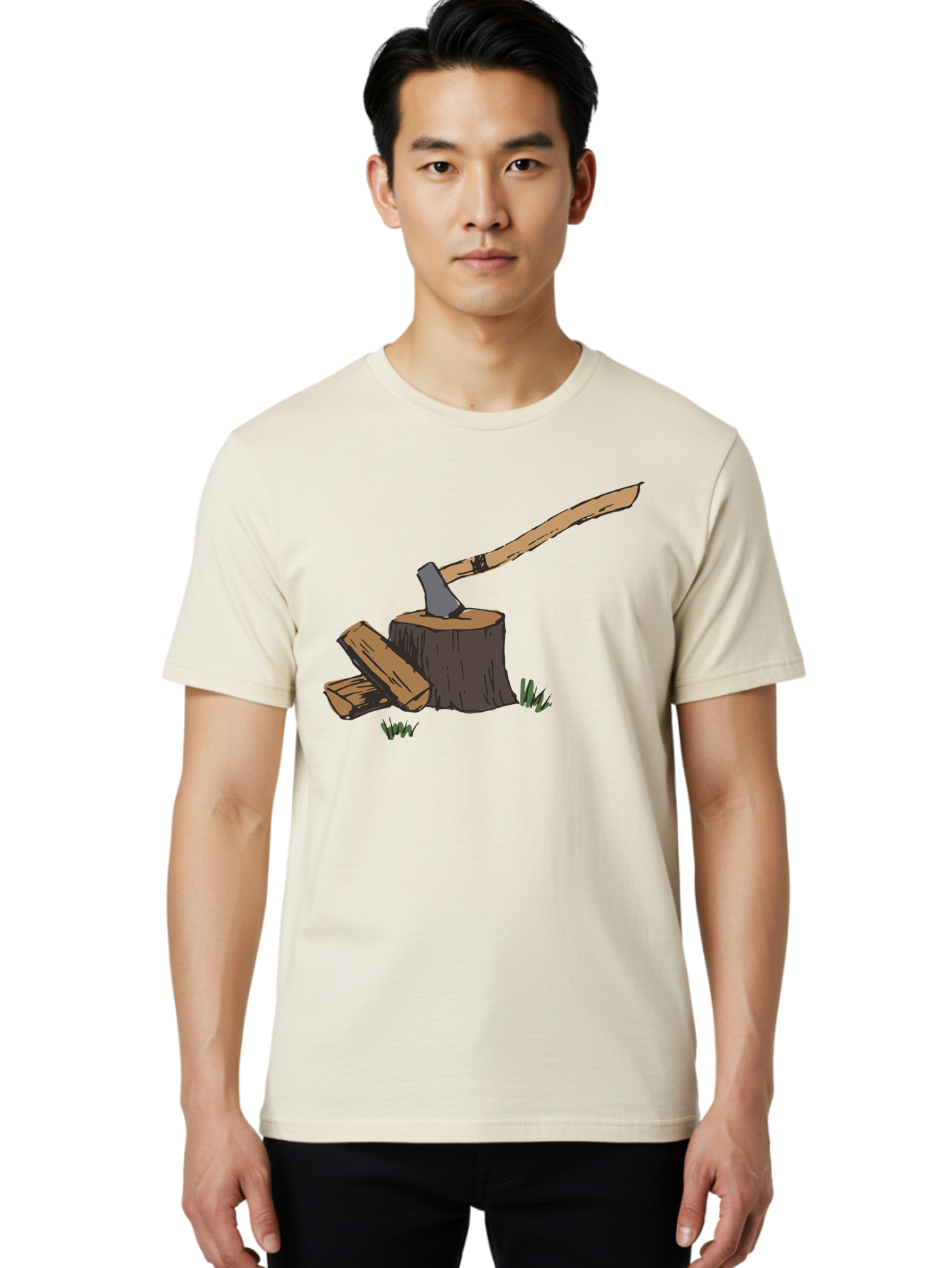 Axe-In-Stump Men'S Graphic Tee, 100% Cotton, Comfortable Casual Summer Wear, Machine Washable, Axe Stuck In Tree Stump, Chopped Wood, Outdoor Activity, Lumberjack Work, Forest Scenery, Wooden Handle, Grassy Surroundings - Aaa750