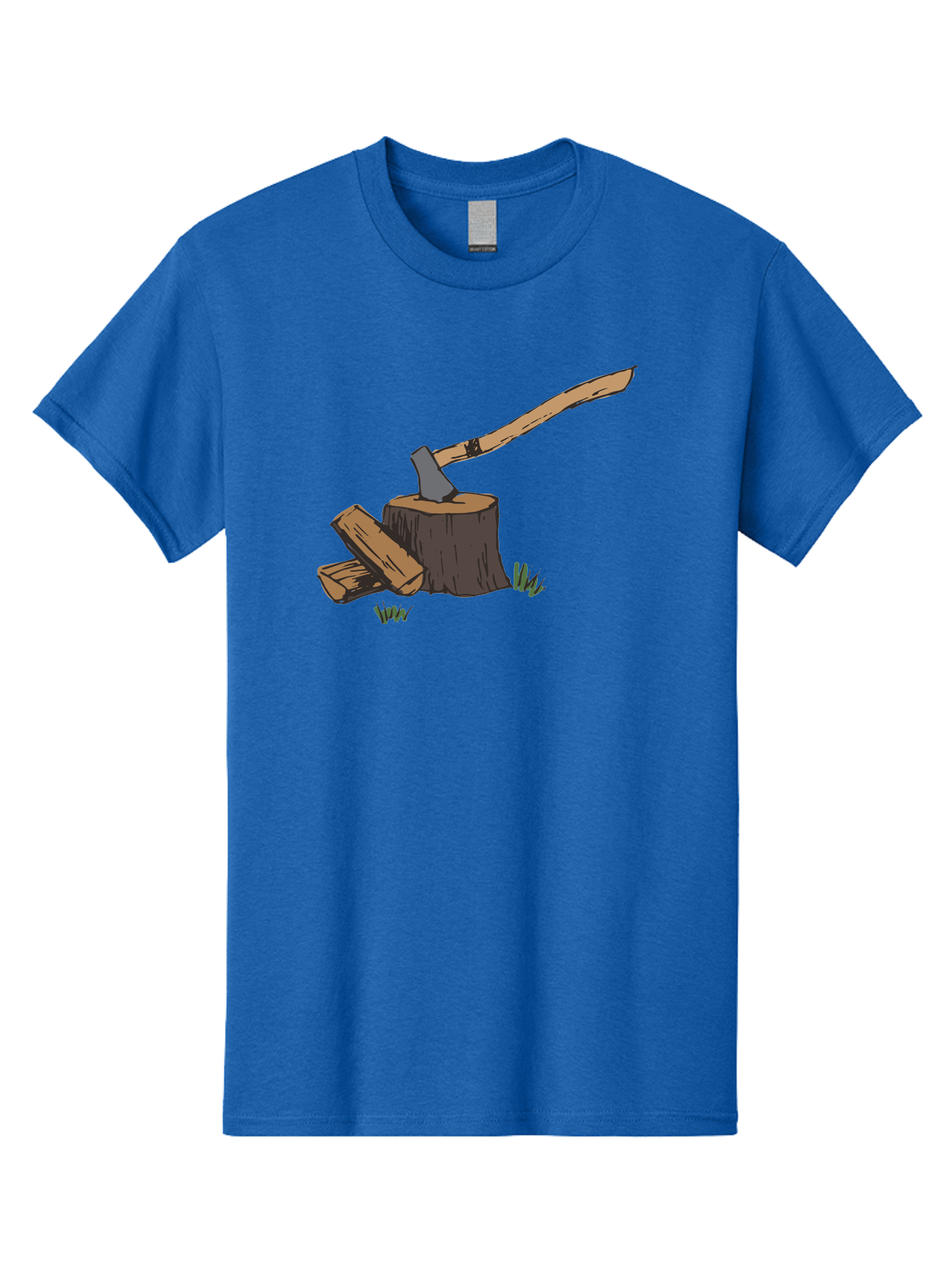 Axe-In-Stump Men'S Graphic Tee, 100% Cotton, Comfortable Casual Summer Wear, Machine Washable, Axe Stuck In Tree Stump, Chopped Wood, Outdoor Activity, Lumberjack Work, Forest Scenery, Wooden Handle, Grassy Surroundings - Aaa750