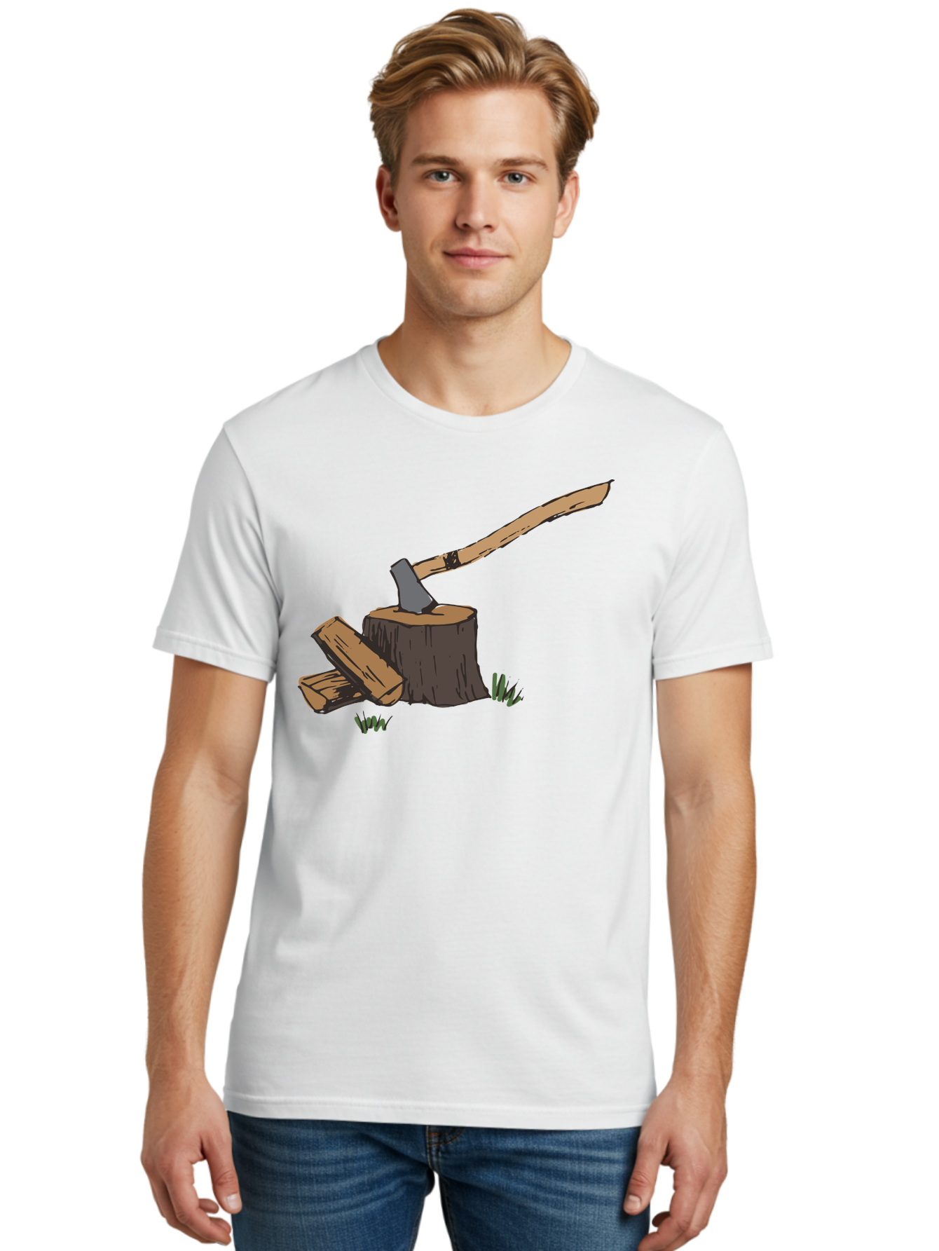 Axe-In-Stump Men'S Graphic Tee, 100% Cotton, Comfortable Casual Summer Wear, Machine Washable, Axe Stuck In Tree Stump, Chopped Wood, Outdoor Activity, Lumberjack Work, Forest Scenery, Wooden Handle, Grassy Surroundings - Aaa750