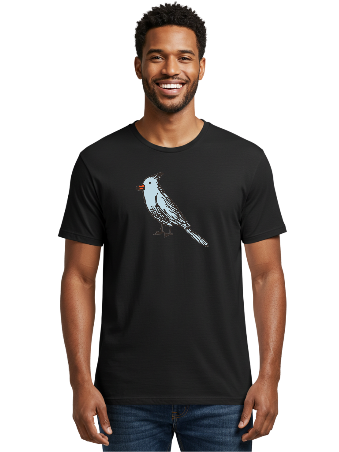Bird-1 Men'S Graphic Tee, 100% Cotton, Comfortable Casual Summer Wear, Machine Washable, Cartoon Bird, Simple Drawing, White Bird, Black Feathers, Orange Beak, Childish Art, Minimalist Design, Stylized Illustration, Simple Shapes, Cute Bird - Aaa755