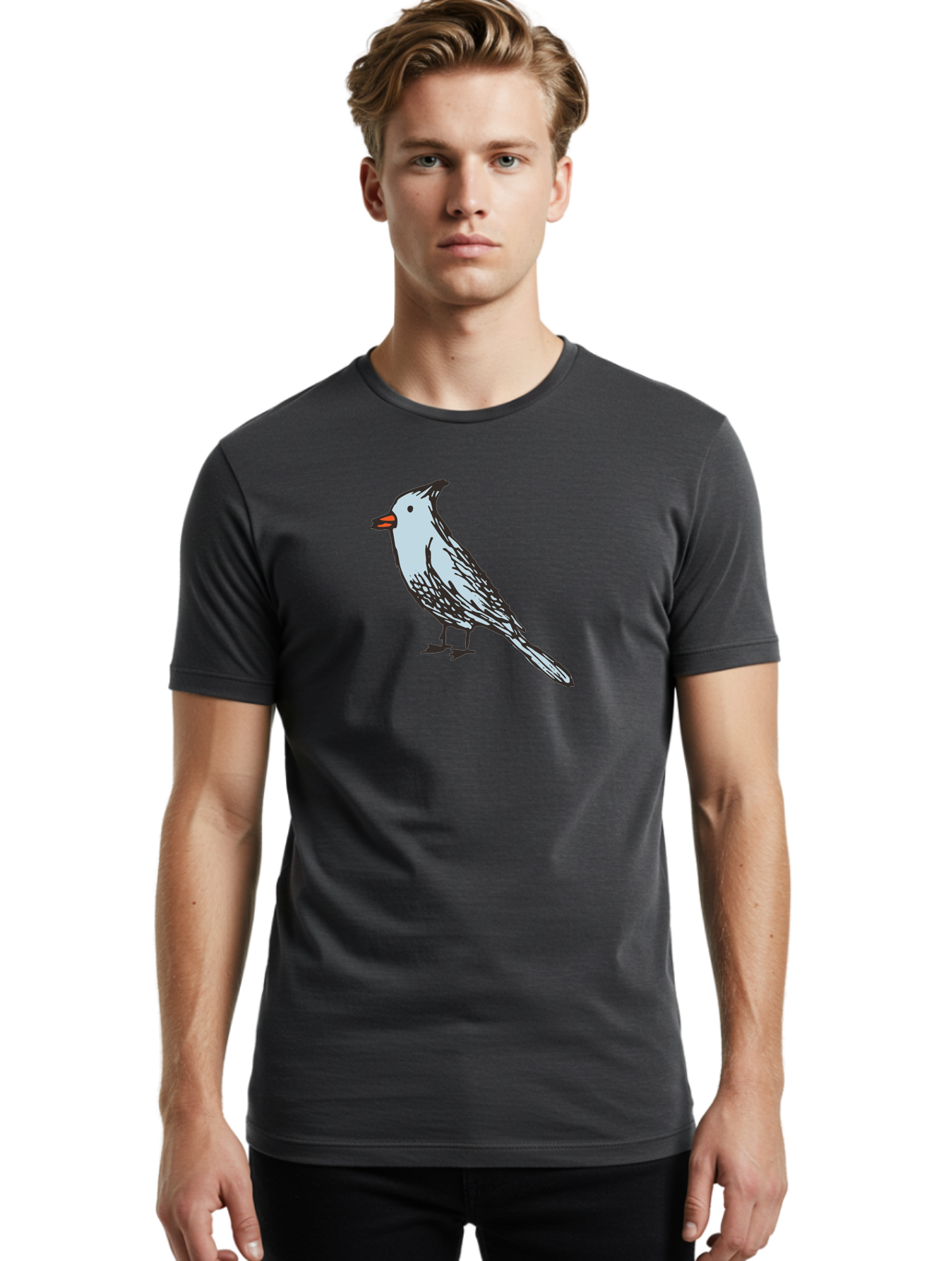 Bird-1 Men'S Graphic Tee, 100% Cotton, Comfortable Casual Summer Wear, Machine Washable, Cartoon Bird, Simple Drawing, White Bird, Black Feathers, Orange Beak, Childish Art, Minimalist Design, Stylized Illustration, Simple Shapes, Cute Bird - Aaa755