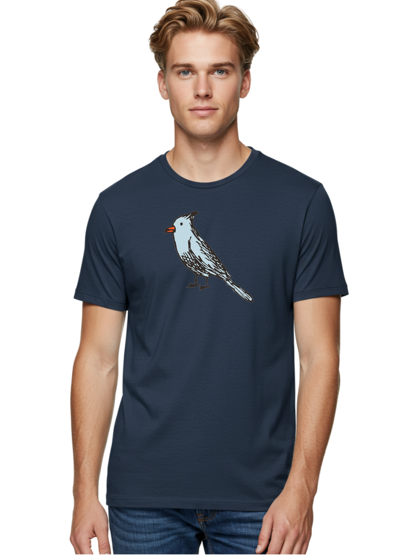 Bird-1 Men'S Graphic Tee, 100% Cotton, Comfortable Casual Summer Wear, Machine Washable, Cartoon Bird, Simple Drawing, White Bird, Black Feathers, Orange Beak, Childish Art, Minimalist Design, Stylized Illustration, Simple Shapes, Cute Bird - Aaa755