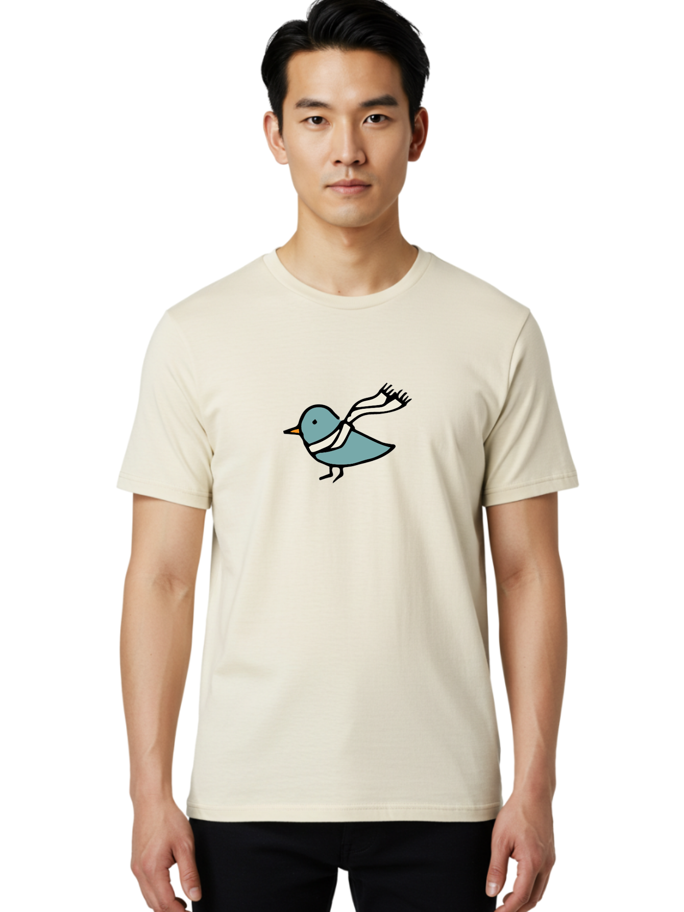 Bird-In-Scarf Men'S Graphic Tee, 100% Cotton, Comfortable Casual Summer Wear, Machine Washable, Cartoon Bird, Bird Wearing Scarf, Winter Bird, Bird In Flight, Blue Bird, Bird Illustration, Simple Design, Whimsical Art, Minimalist Style, - Aaa756