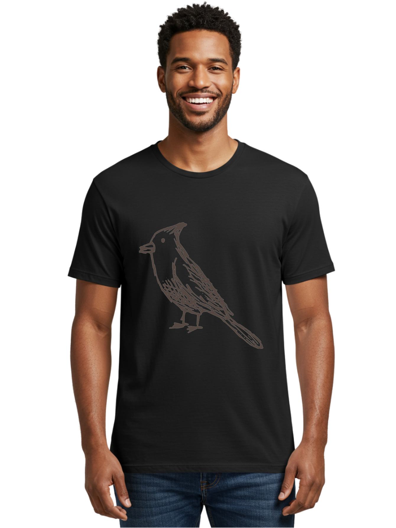 Black-Bird Men'S Graphic Tee, 100% Cotton, Comfortable Casual Summer Wear, Machine Washable, Simple Line Drawing, Bird Silhouette, Wildlife Art, Minimalist Design, Feathered Friend, Songbird - Aaa758