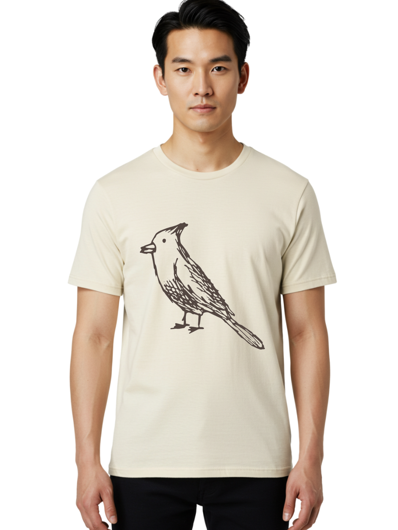 Black-Bird Men'S Graphic Tee, 100% Cotton, Comfortable Casual Summer Wear, Machine Washable, Simple Line Drawing, Bird Silhouette, Wildlife Art, Minimalist Design, Feathered Friend, Songbird - Aaa758