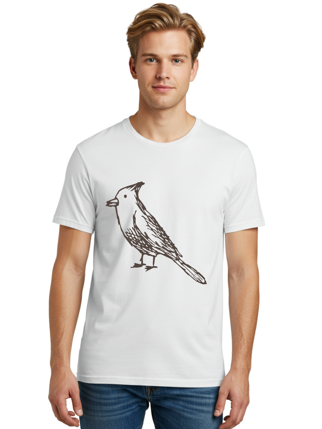 Black-Bird Men'S Graphic Tee, 100% Cotton, Comfortable Casual Summer Wear, Machine Washable, Simple Line Drawing, Bird Silhouette, Wildlife Art, Minimalist Design, Feathered Friend, Songbird - Aaa758