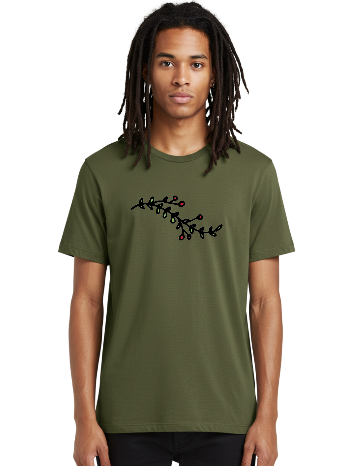 Black-Stem-With-Red-Berries Men'S Graphic Tee, 100% Cotton, Comfortable Casual Summer Wear, Machine Washable, Black Stem, Winter Berries, Red Berries, Minimalist Design, Simple Artwork, Abstract Illustration, Botanical Elements, - Aaa763