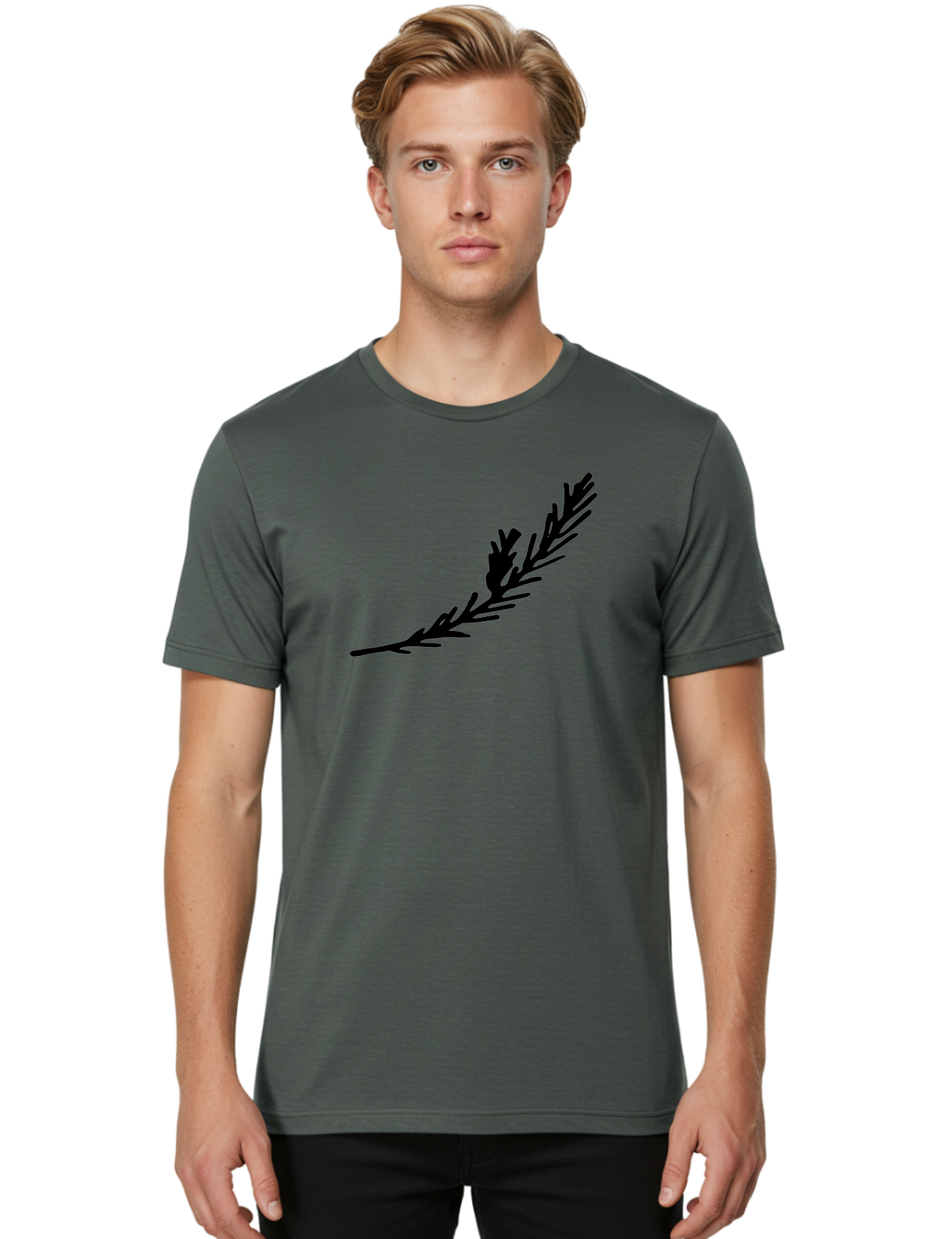 Black-Twig-Silhouette Men'S Graphic Tee, 100% Cotton, Comfortable Casual Summer Wear, Machine Washable, Pine Needles Silhouette, Minimalist Design, Simple Graphics, Sprig Of Pine, Black On Green, Foliage Icon, Nature Symbol - Aaa766