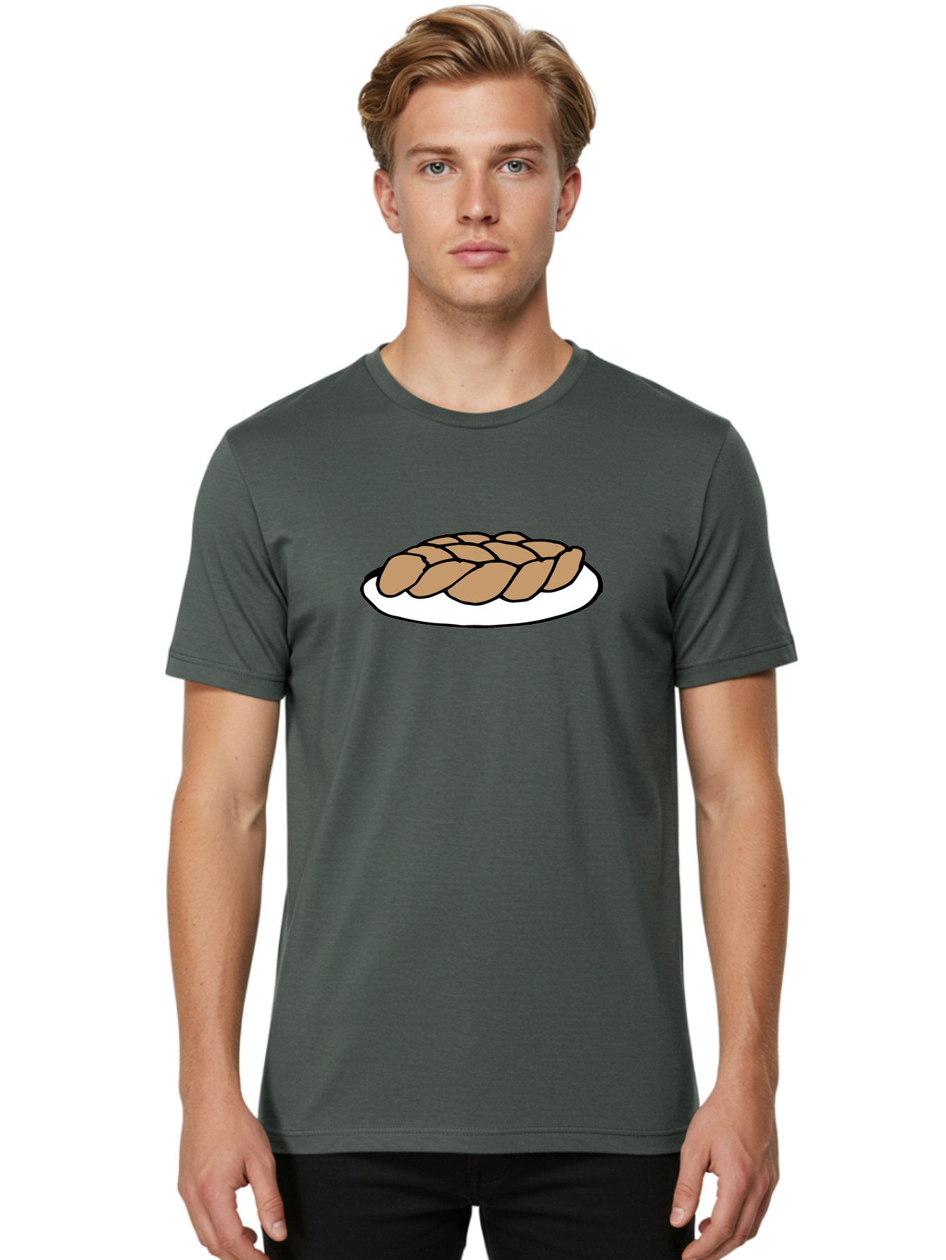 Braided-Loaf-Of-Bread Men'S Graphic Tee, 100% Cotton, Comfortable Casual Summer Wear, Machine Washable, Braided Bread, Baked Goods, Artisanal Bread, Bread On Plate, White Plate, Brown Bread, Traditional Bread, Freshly Baked - Aaa771