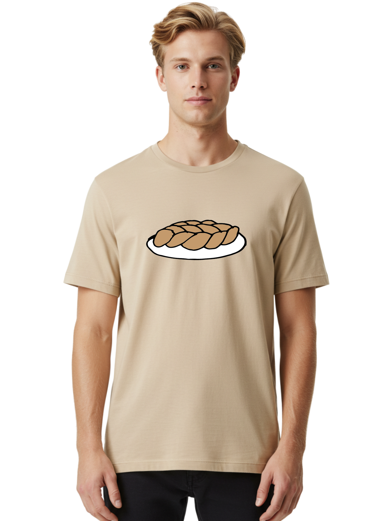 Braided-Loaf-Of-Bread Men'S Graphic Tee, 100% Cotton, Comfortable Casual Summer Wear, Machine Washable, Braided Bread, Baked Goods, Artisanal Bread, Bread On Plate, White Plate, Brown Bread, Traditional Bread, Freshly Baked - Aaa771