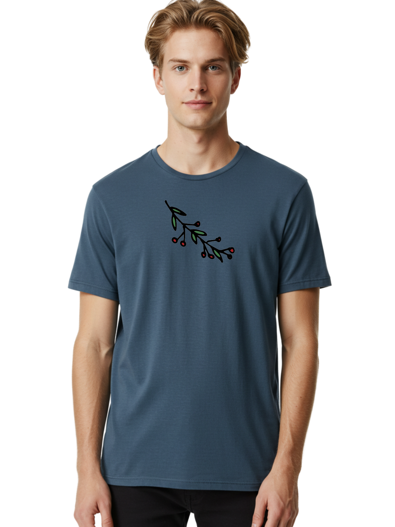 Branch-With-Berries Men'S Graphic Tee, 100% Cotton, Comfortable Casual Summer Wear, Machine Washable, Olive Branch, Cartoon Illustration, Red Berries, Black Stems, Green Leaves, Simple Design, Minimalist Art, Symbolic Imagery, Peace Symbol - Aaa772