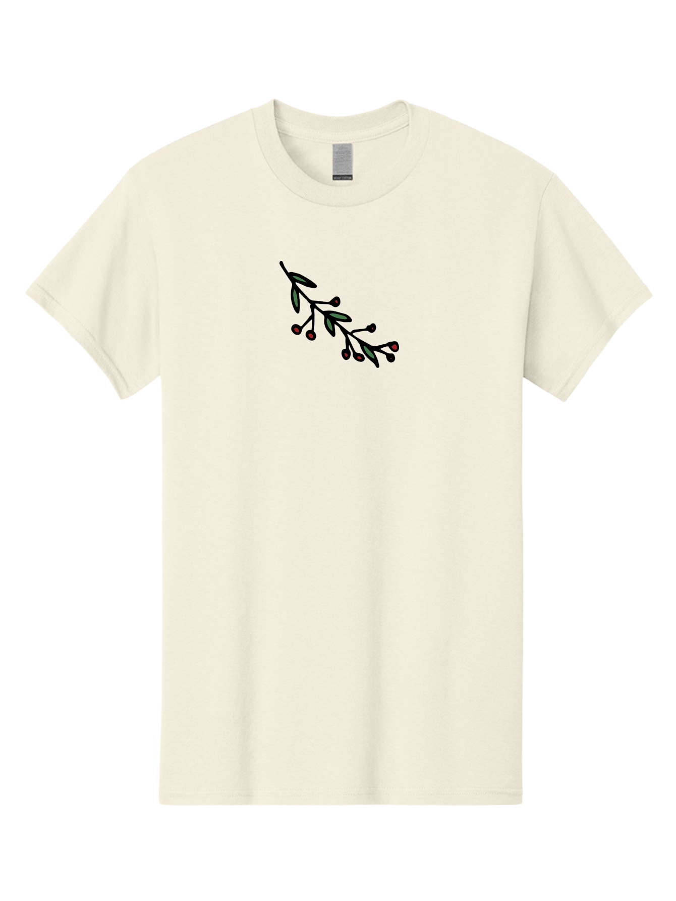 Branch-With-Berries Men'S Graphic Tee, 100% Cotton, Comfortable Casual Summer Wear, Machine Washable, Olive Branch, Cartoon Illustration, Red Berries, Black Stems, Green Leaves, Simple Design, Minimalist Art, Symbolic Imagery, Peace Symbol - Aaa772