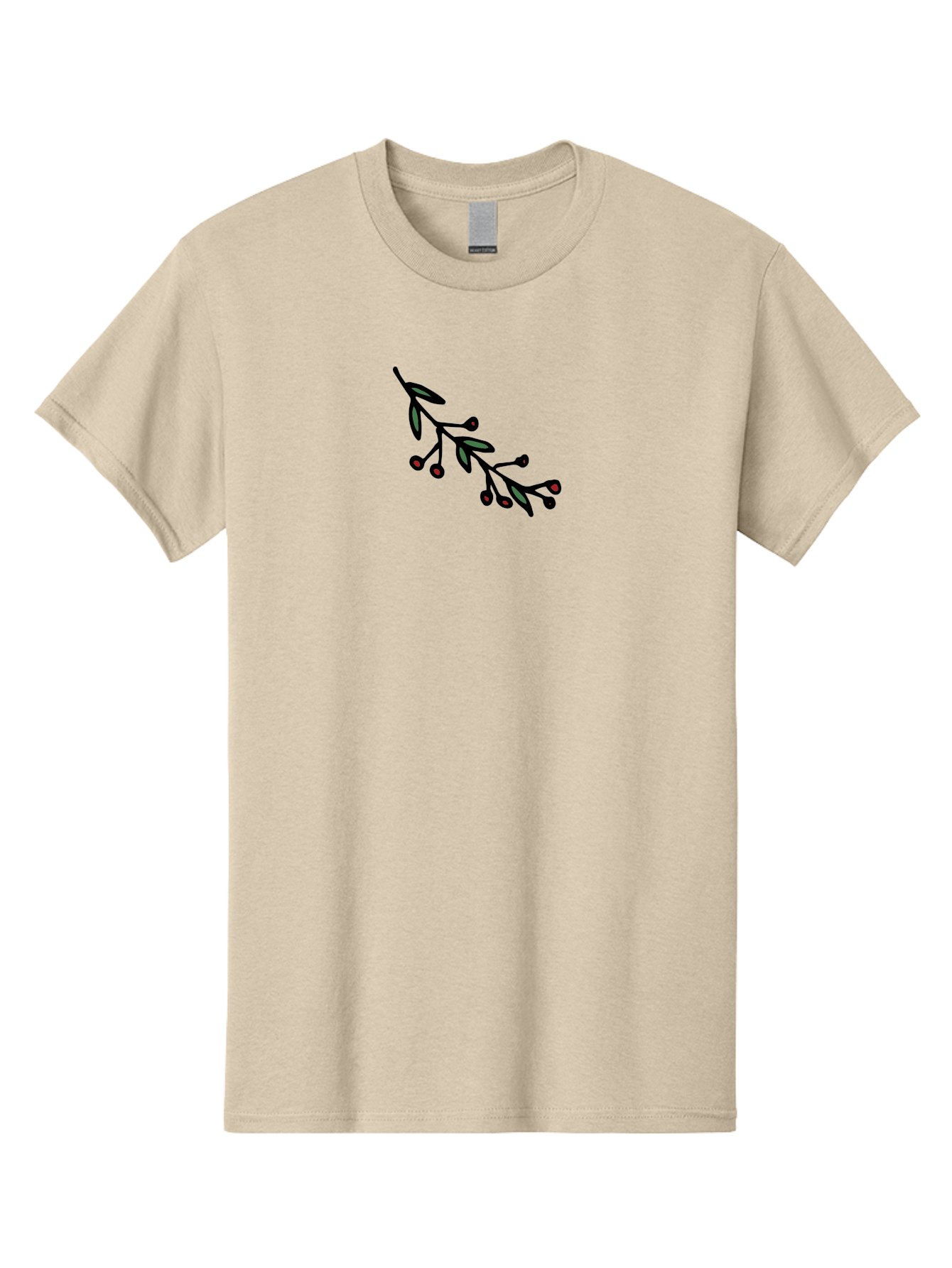 Branch-With-Berries Men'S Graphic Tee, 100% Cotton, Comfortable Casual Summer Wear, Machine Washable, Olive Branch, Cartoon Illustration, Red Berries, Black Stems, Green Leaves, Simple Design, Minimalist Art, Symbolic Imagery, Peace Symbol - Aaa772