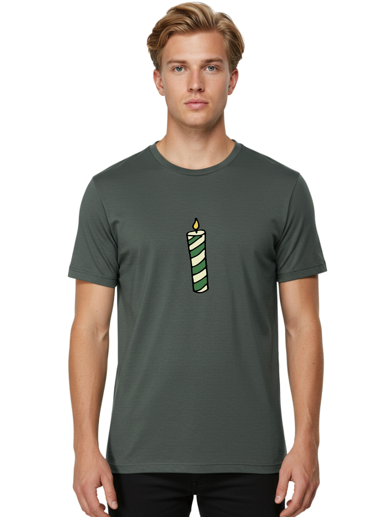 Candle-1 Men'S Graphic Tee, 100% Cotton, Comfortable Casual Summer Wear, Machine Washable, Striped Candle, Lit Candle, Decorative Candle, Green And White Stripes, Black Outline, Warm Lighting, Cozy Ambiance, Relaxation, Ambiance, - Aaa774