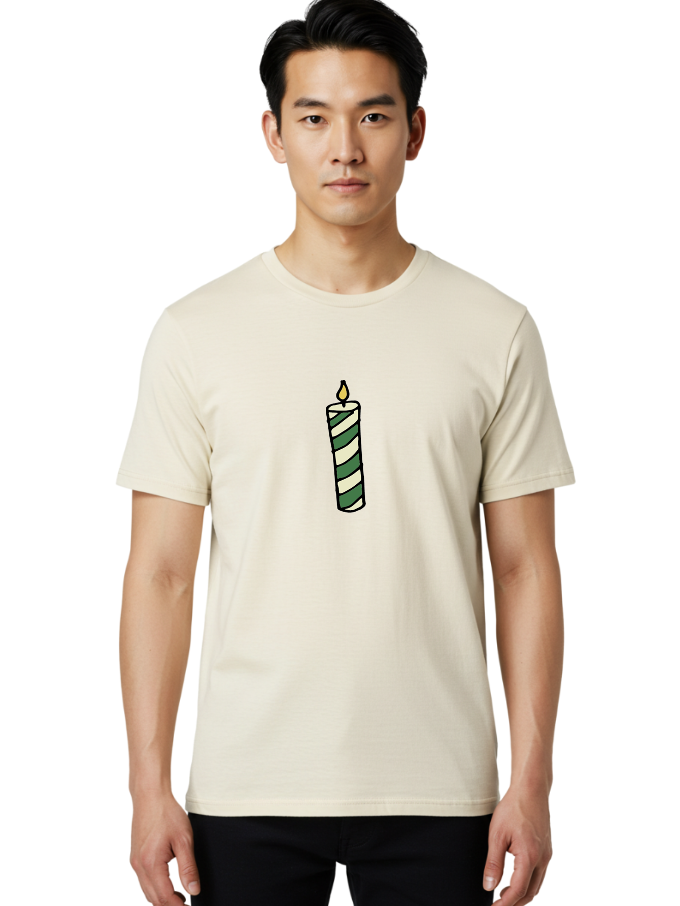 Candle-1 Men'S Graphic Tee, 100% Cotton, Comfortable Casual Summer Wear, Machine Washable, Striped Candle, Lit Candle, Decorative Candle, Green And White Stripes, Black Outline, Warm Lighting, Cozy Ambiance, Relaxation, Ambiance, - Aaa774