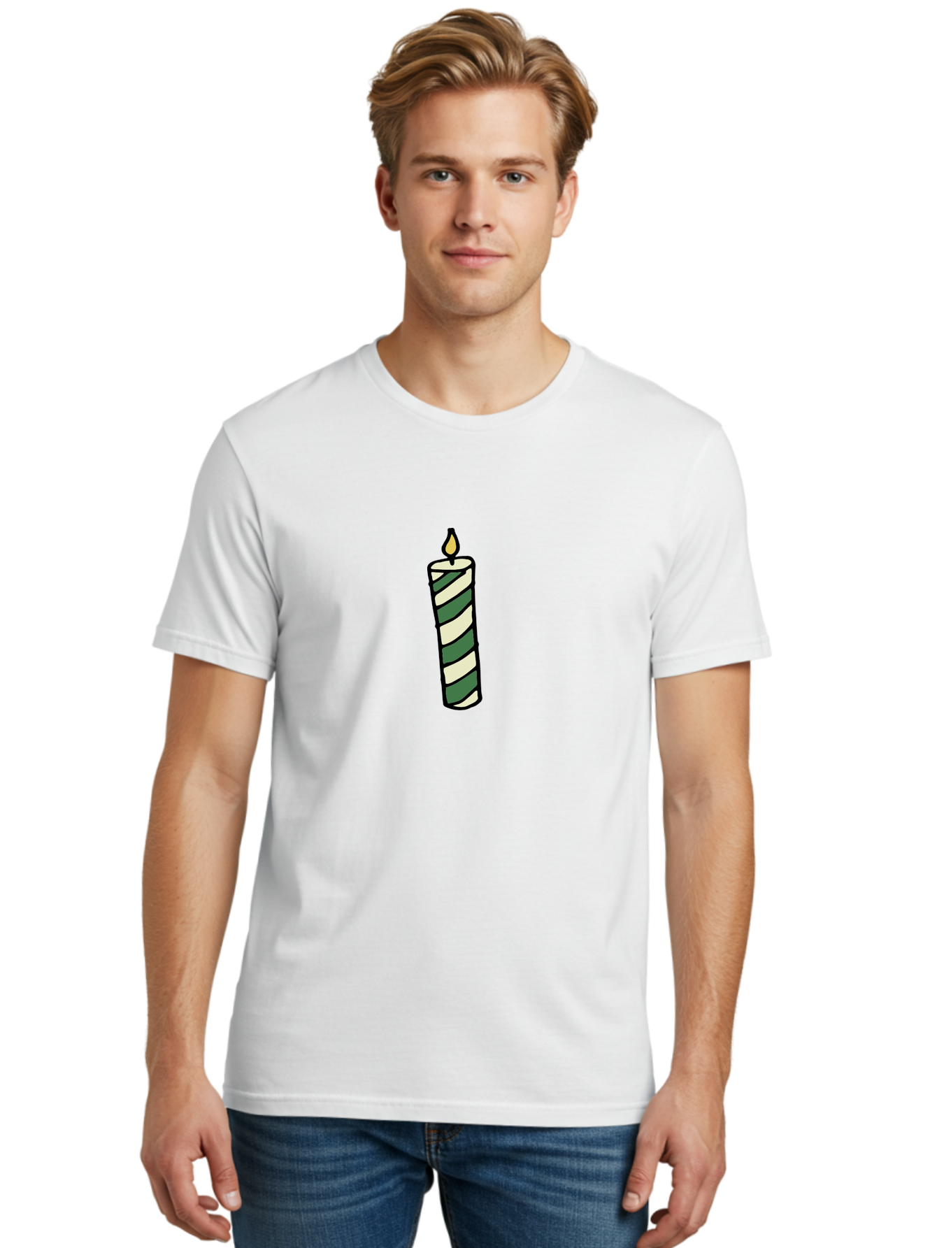 Candle-1 Men'S Graphic Tee, 100% Cotton, Comfortable Casual Summer Wear, Machine Washable, Striped Candle, Lit Candle, Decorative Candle, Green And White Stripes, Black Outline, Warm Lighting, Cozy Ambiance, Relaxation, Ambiance, - Aaa774