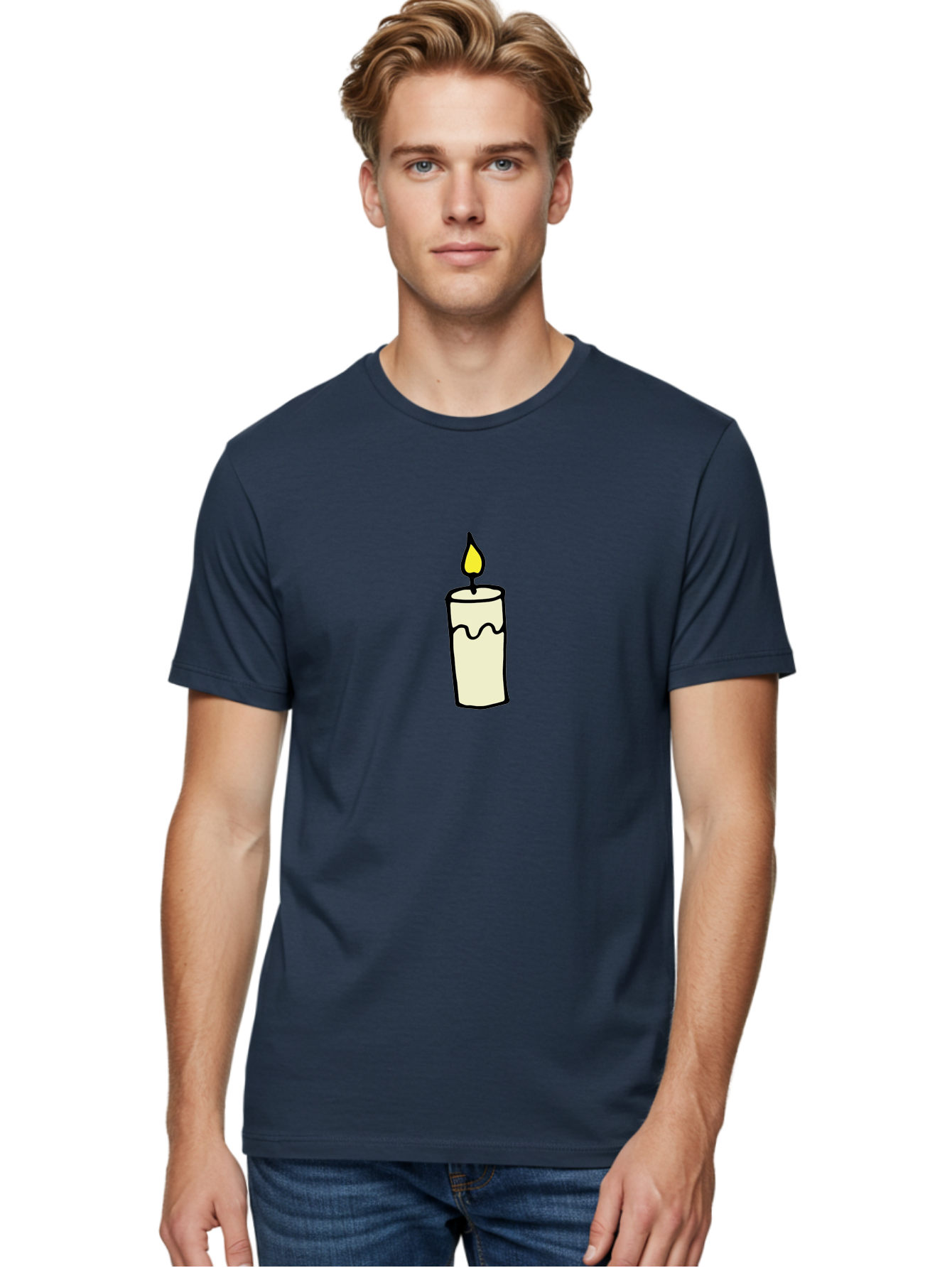 Candle-3 Men'S Graphic Tee, 100% Cotton, Comfortable Casual Summer Wear, Machine Washable, Lit Candle, Melting Wax, Yellow Flame, Flickering Light, Simple Illustration, Minimalist Design, Soothing Ambiance, Relaxation, Calm Atmosphere - Aaa776