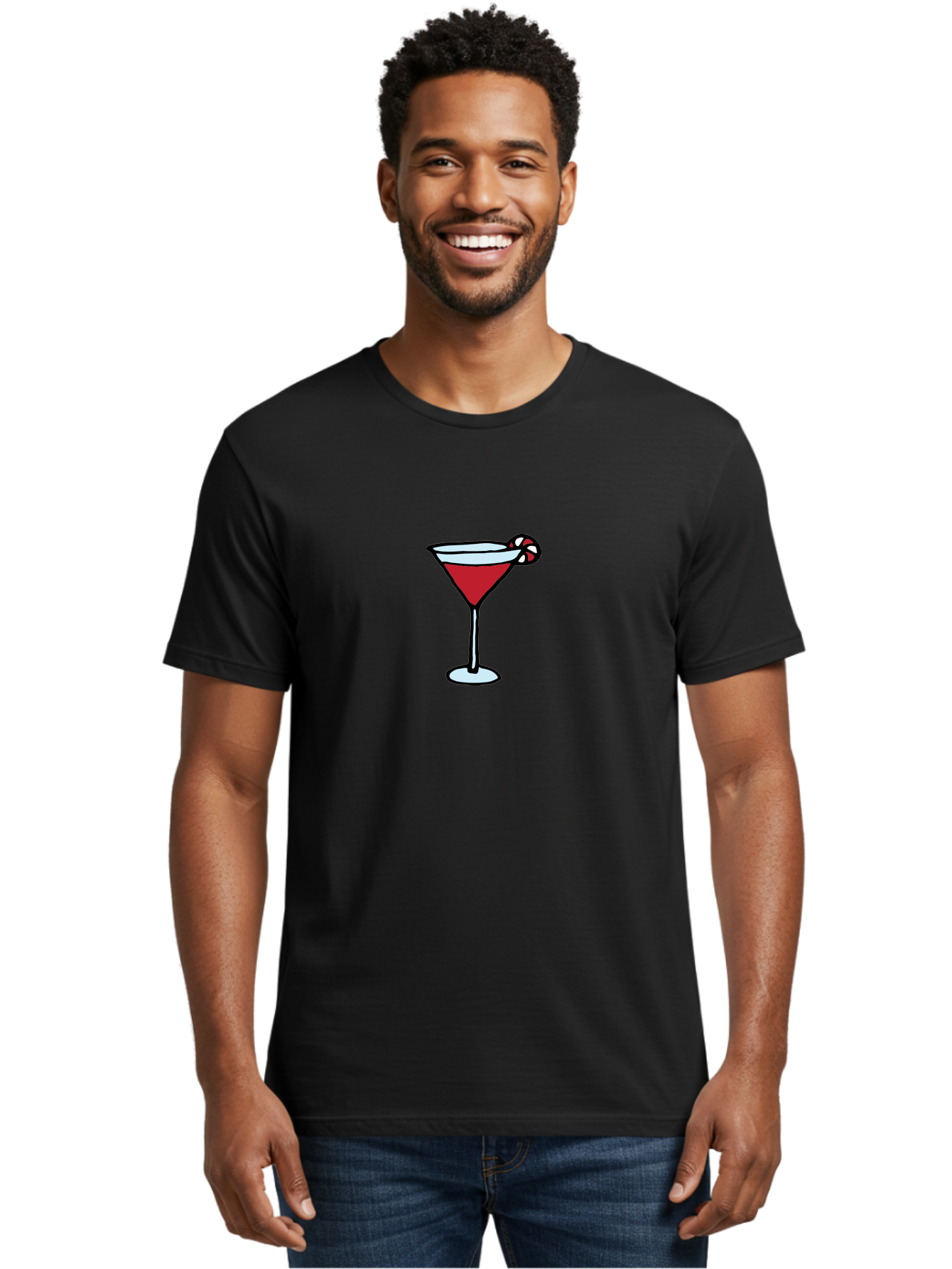 Candy-Cane-Martini-1 Men'S Graphic Tee, 100% Cotton, Comfortable Casual Summer Wear, Machine Washable, Red Martini, Candy Cane Garnish, Festive Cocktail, Holiday Drink, Sweet Treat, Christmas Party, Cocktail Hour - Aaa781