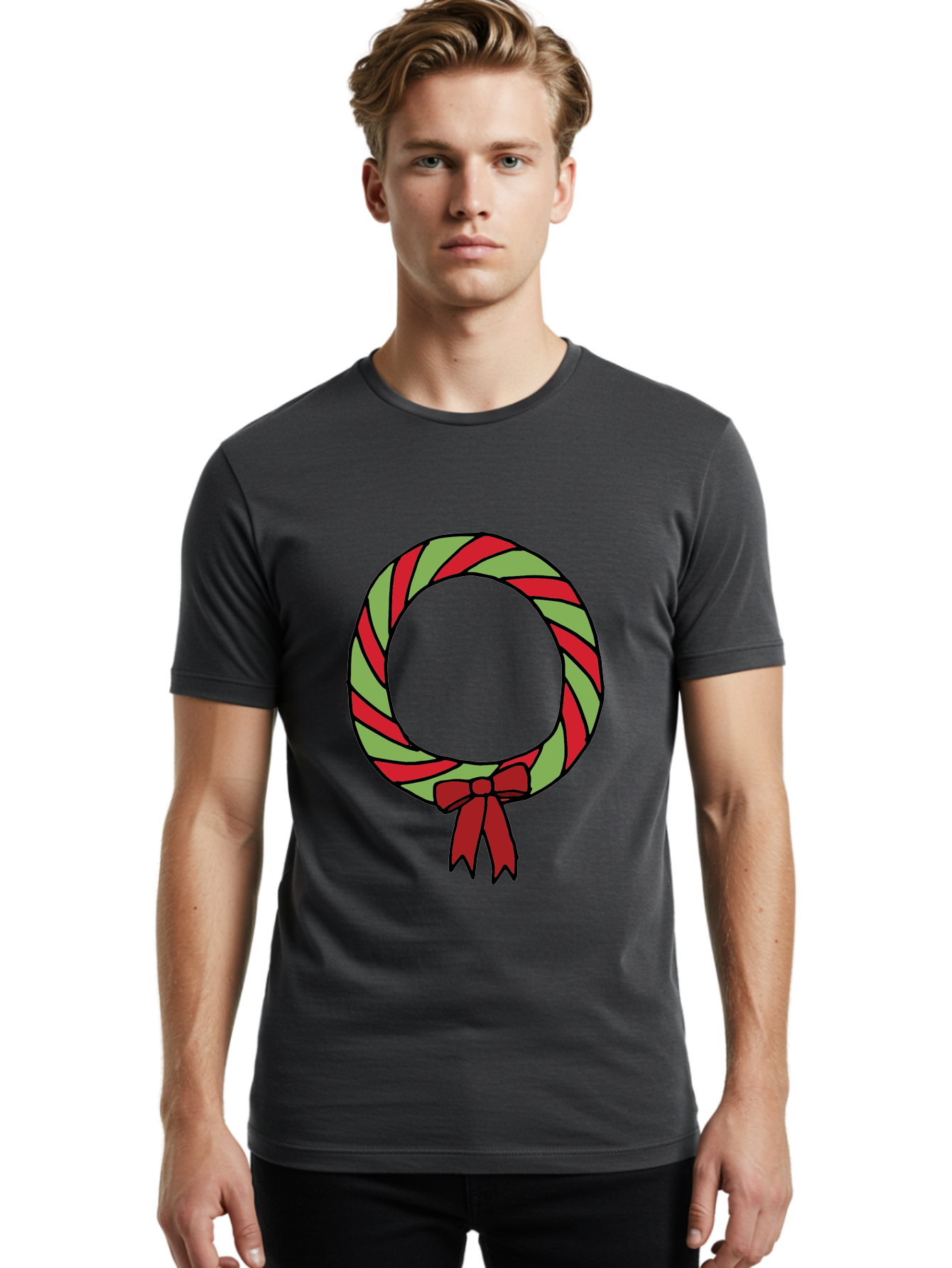 Candy-Cane-Wreath Men'S Graphic Tee, 100% Cotton, Comfortable Casual Summer Wear, Machine Washable, Candy Cane Wreath, Christmas Decoration, Red And Green Stripes, Festive Holiday Decor, Wrapped Candy Design, Ribbon Bow, Sweet Treat Theme, - Aaa784
