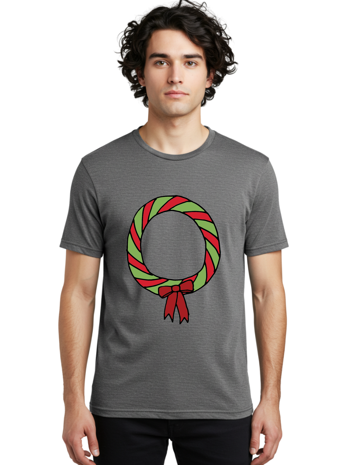 Candy-Cane-Wreath Men'S Graphic Tee, 100% Cotton, Comfortable Casual Summer Wear, Machine Washable, Candy Cane Wreath, Christmas Decoration, Red And Green Stripes, Festive Holiday Decor, Wrapped Candy Design, Ribbon Bow, Sweet Treat Theme, - Aaa784