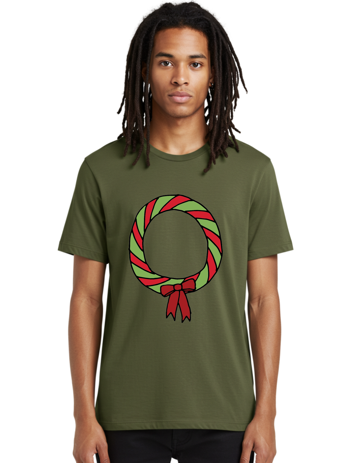 Candy-Cane-Wreath Men'S Graphic Tee, 100% Cotton, Comfortable Casual Summer Wear, Machine Washable, Candy Cane Wreath, Christmas Decoration, Red And Green Stripes, Festive Holiday Decor, Wrapped Candy Design, Ribbon Bow, Sweet Treat Theme, - Aaa784