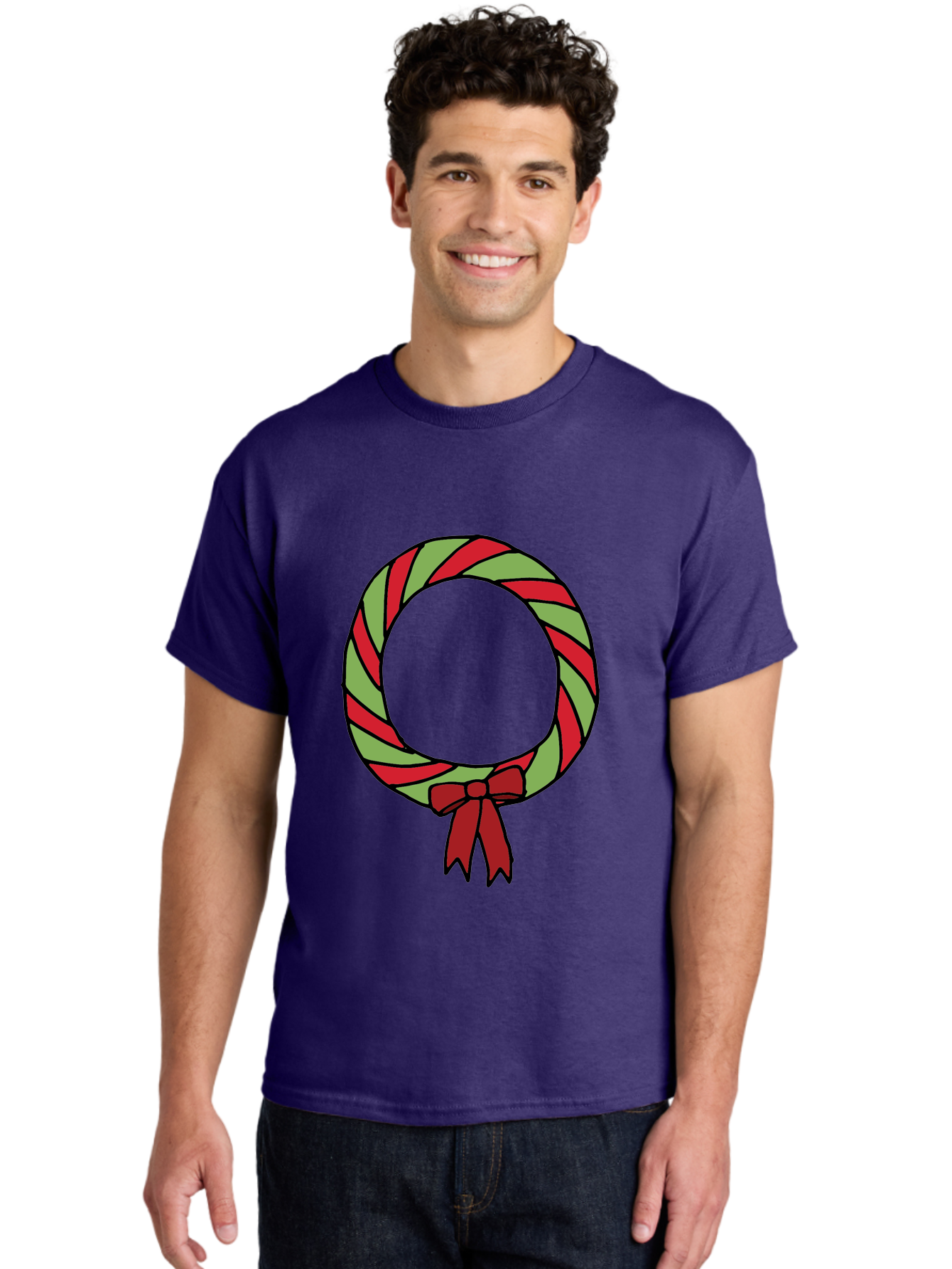 Candy-Cane-Wreath Men'S Graphic Tee, 100% Cotton, Comfortable Casual Summer Wear, Machine Washable, Candy Cane Wreath, Christmas Decoration, Red And Green Stripes, Festive Holiday Decor, Wrapped Candy Design, Ribbon Bow, Sweet Treat Theme, - Aaa784