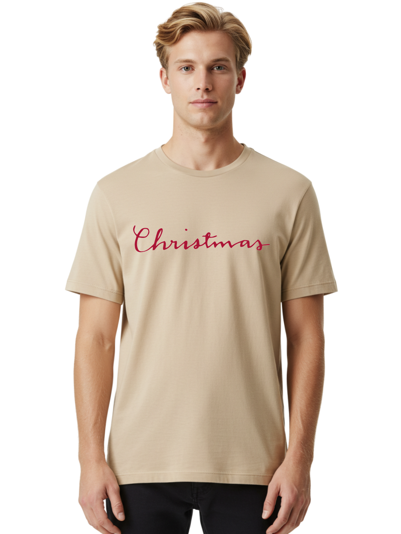 Christmas-2 Men'S Graphic Tee, 100% Cotton, Comfortable Casual Summer Wear, Machine Washable, Christmas Theme, Holiday Season, Festive Vibes, Red Cursive Text, Xmas Greeting, Winter Celebration, Holiday Cheer - Aaa802