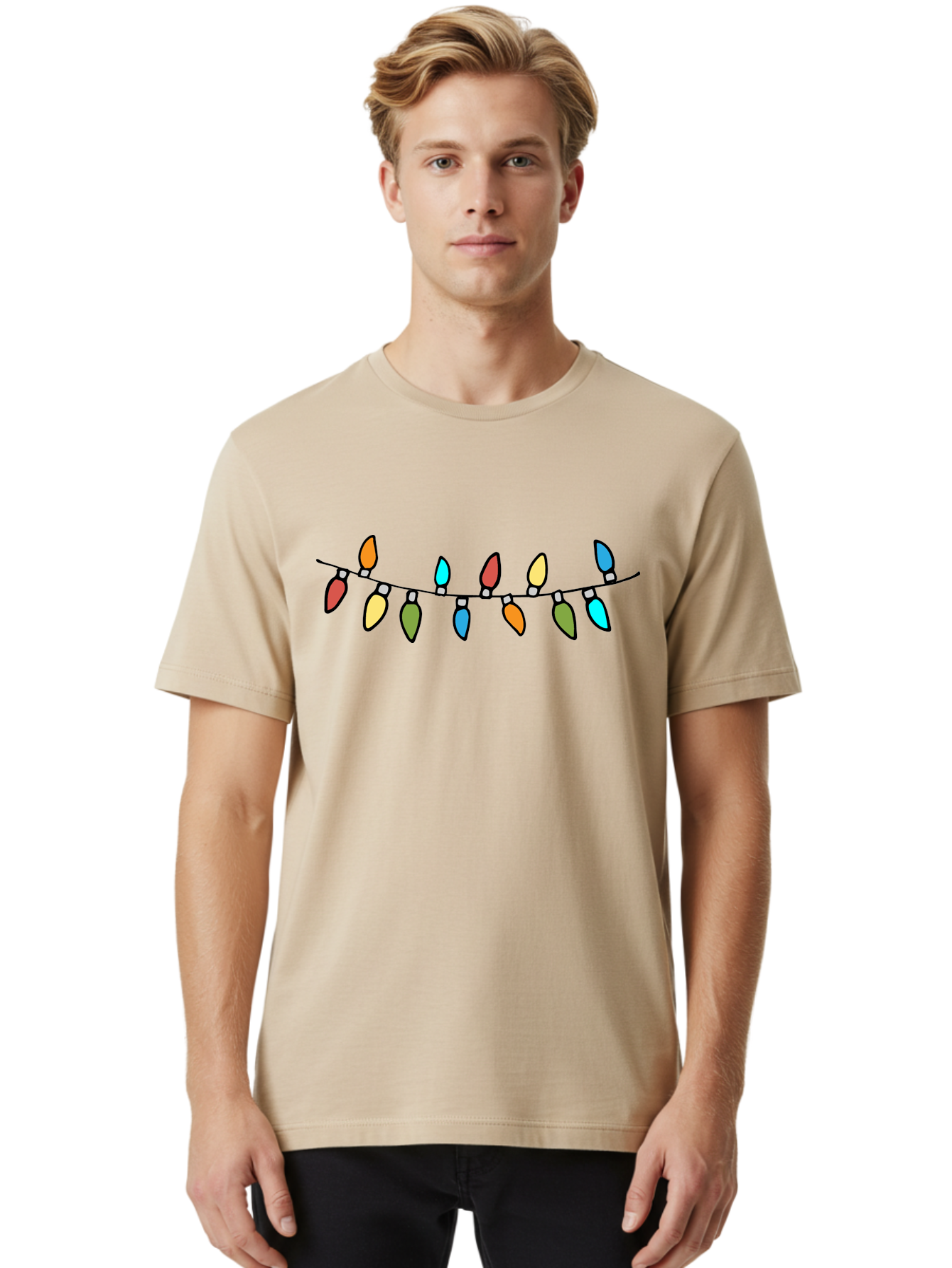 Christmas-Lights Men'S Graphic Tee, 100% Cotton, Comfortable Casual Summer Wear, Machine Washable, Christmas Lights, String Lights, Holiday Decorations, Festive Colors, Red, Orange, Yellow, Blue, Green, Celebration - Aaa808