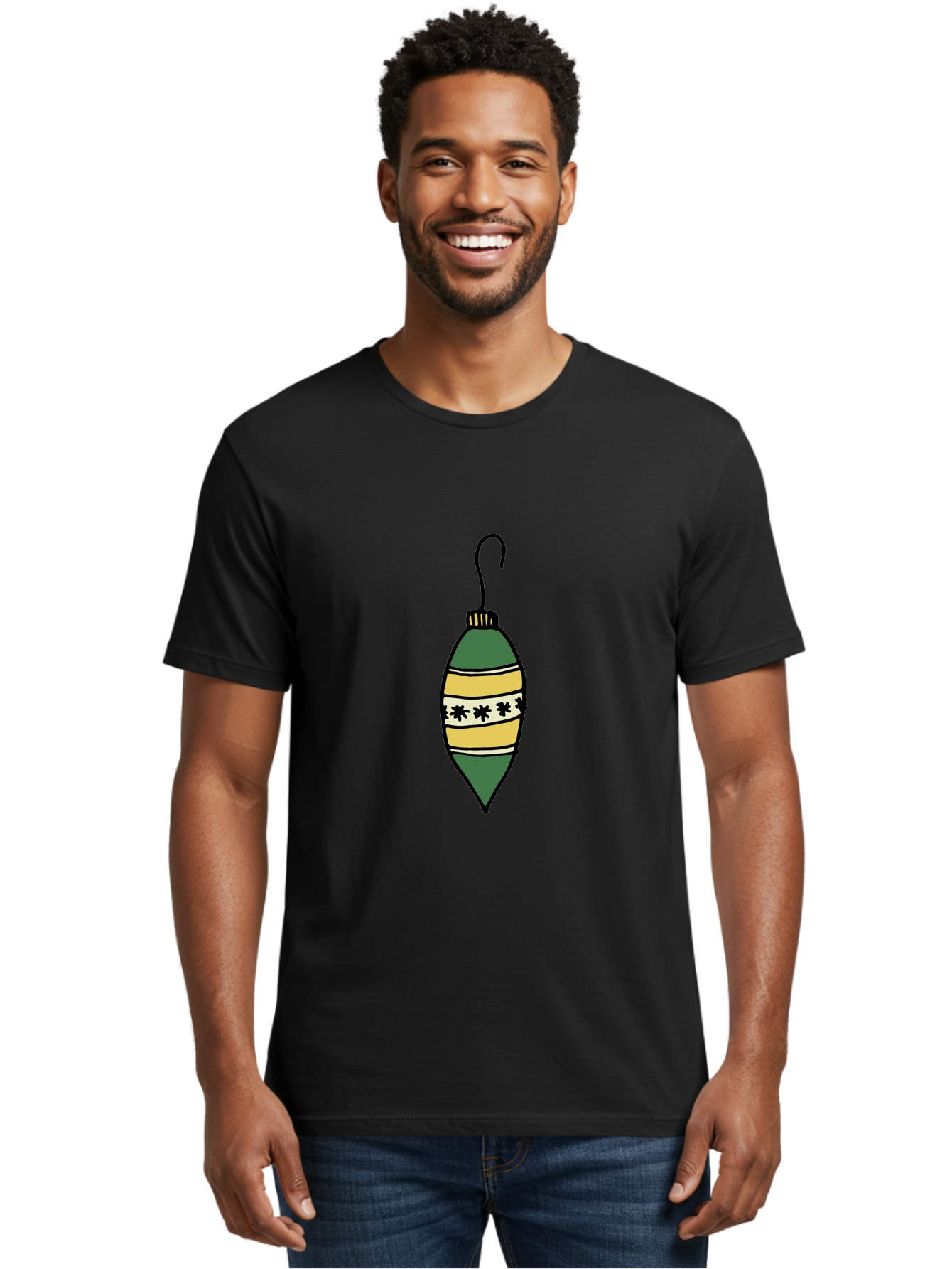 Christmas-Ornament-1 Men'S Graphic Tee, 100% Cotton, Comfortable Casual Summer Wear, Machine Washable, Christmas Decoration, Festive Ornament, Holiday Decor, Green And Yellow Bauble, Striped Pattern, Floral Design, Hanging Decoration, - Aaa809