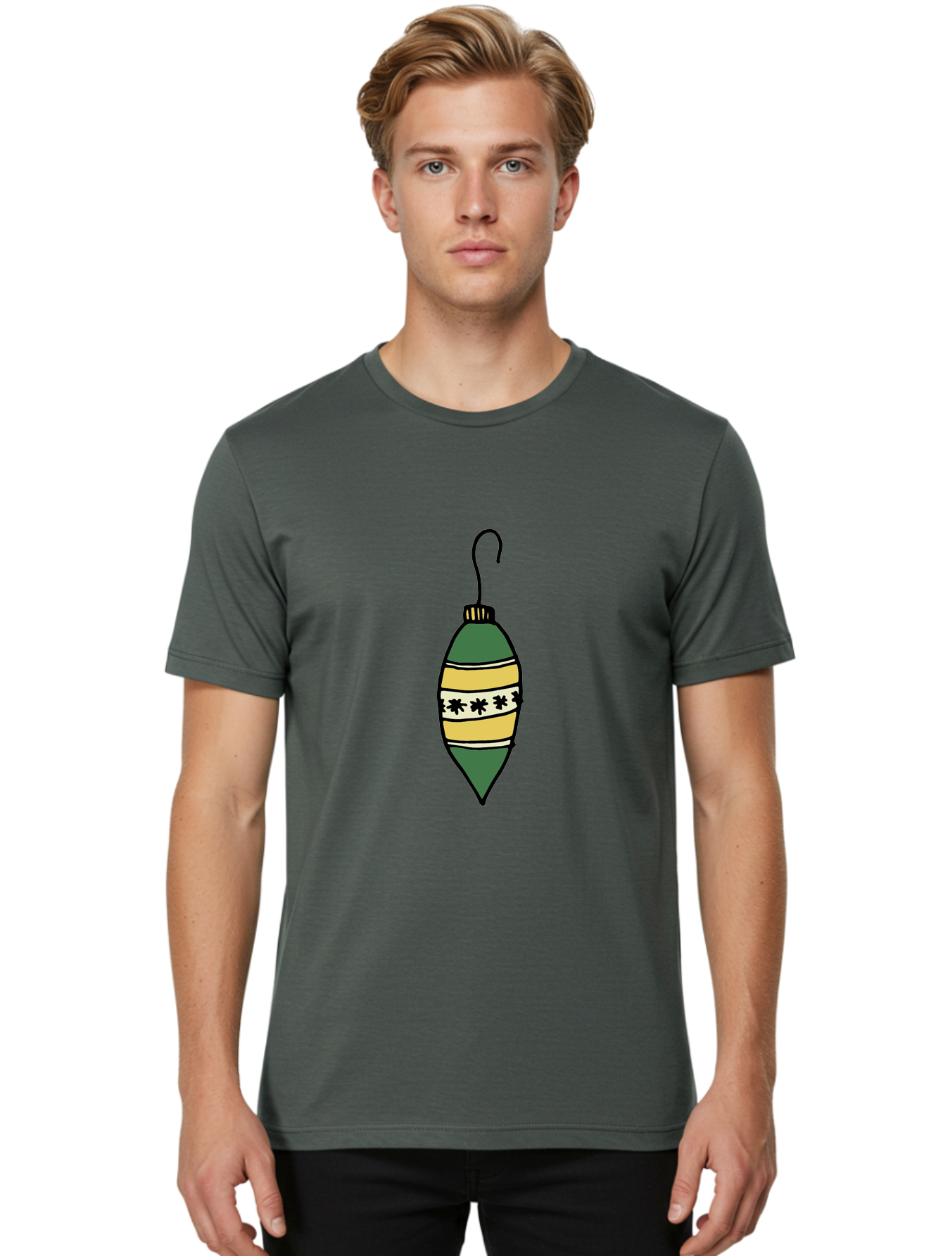 Christmas-Ornament-1 Men'S Graphic Tee, 100% Cotton, Comfortable Casual Summer Wear, Machine Washable, Christmas Decoration, Festive Ornament, Holiday Decor, Green And Yellow Bauble, Striped Pattern, Floral Design, Hanging Decoration, - Aaa809