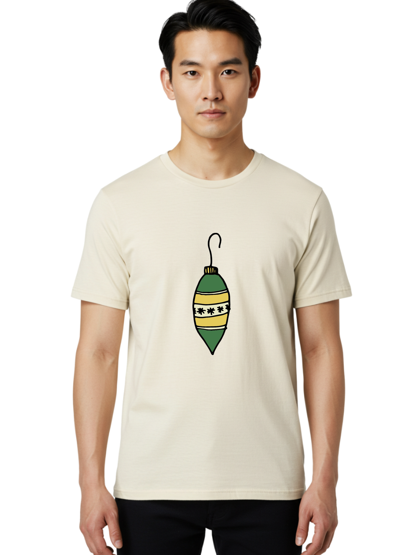 Christmas-Ornament-1 Men'S Graphic Tee, 100% Cotton, Comfortable Casual Summer Wear, Machine Washable, Christmas Decoration, Festive Ornament, Holiday Decor, Green And Yellow Bauble, Striped Pattern, Floral Design, Hanging Decoration, - Aaa809
