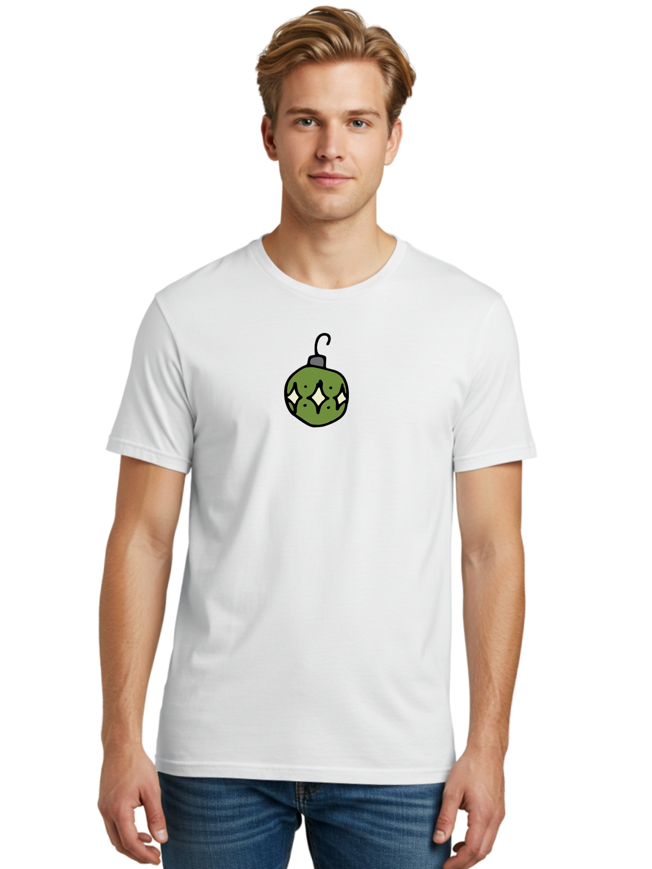 Christmas-Ornament-5 Men'S Graphic Tee, 100% Cotton, Comfortable Casual Summer Wear, Machine Washable, Christmas Decoration, Festive Symbol, Green Ornament, Hanging Decoration, Holiday Decor, Cartoon Style, White Diamonds, Black Outline, - Aaa813