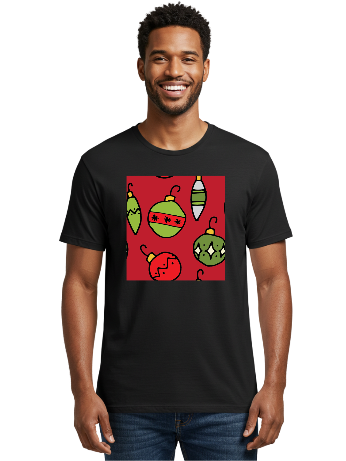 Christmas-Ornaments Men'S Graphic Tee, 100% Cotton, Comfortable Casual Summer Wear, Machine Washable, Christmas Decorations, Festive Ornaments, Holiday Baubles, Red And Green Theme, Cartoon Style, Winter Wonderland, Seasonal Decor, - Aaa817