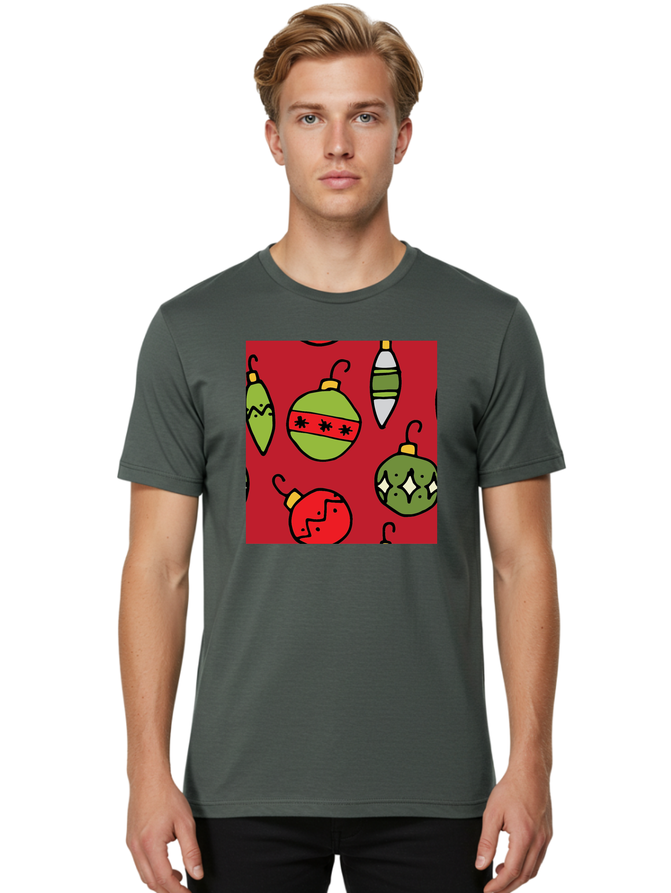 Christmas-Ornaments Men'S Graphic Tee, 100% Cotton, Comfortable Casual Summer Wear, Machine Washable, Christmas Decorations, Festive Ornaments, Holiday Baubles, Red And Green Theme, Cartoon Style, Winter Wonderland, Seasonal Decor, - Aaa817