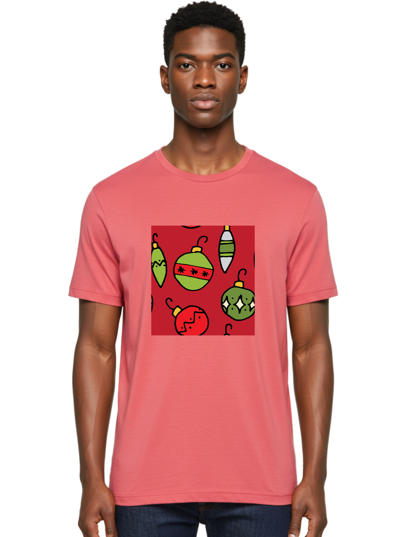 Christmas-Ornaments Men'S Graphic Tee, 100% Cotton, Comfortable Casual Summer Wear, Machine Washable, Christmas Decorations, Festive Ornaments, Holiday Baubles, Red And Green Theme, Cartoon Style, Winter Wonderland, Seasonal Decor, - Aaa817