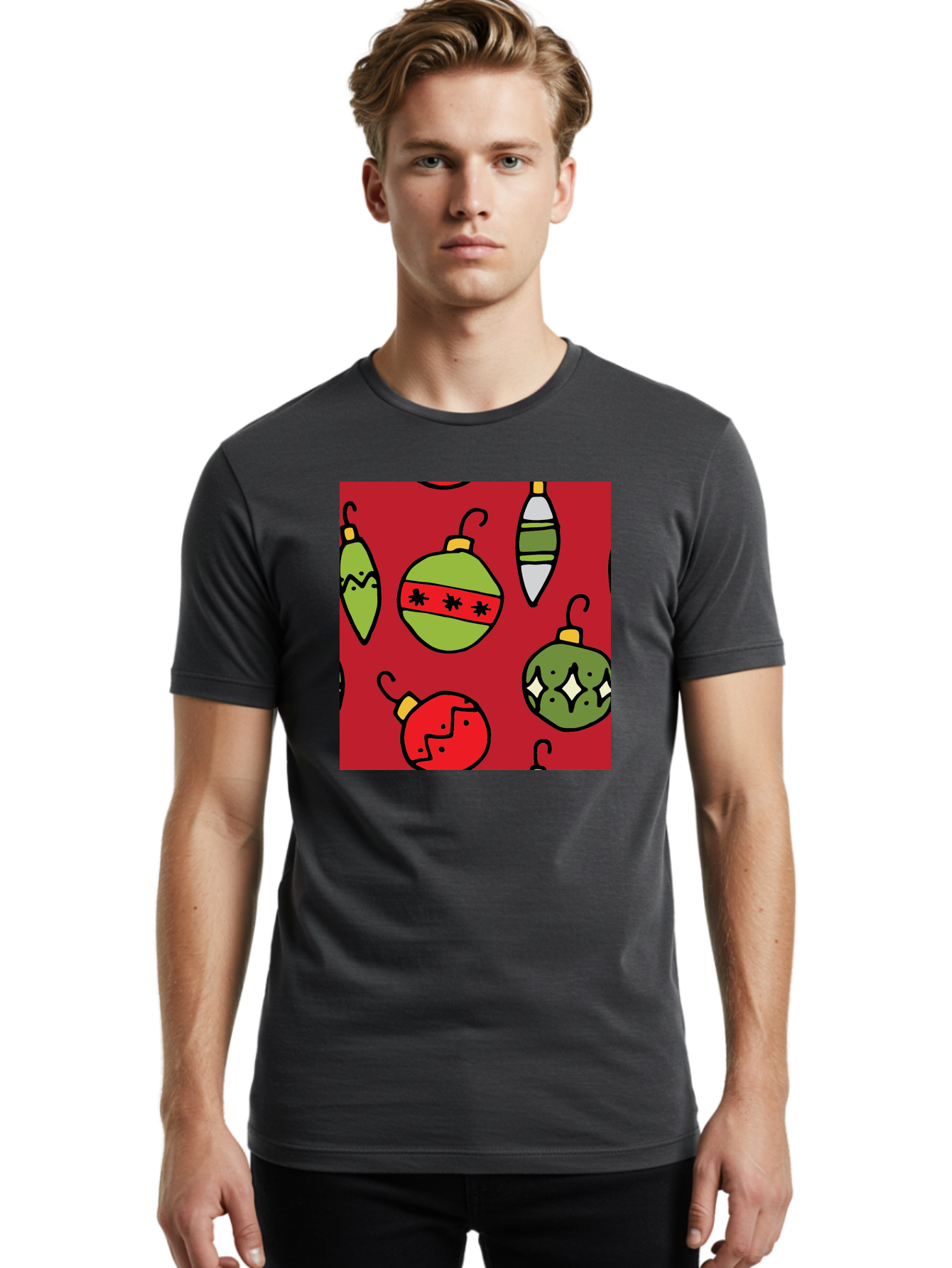 Christmas-Ornaments Men'S Graphic Tee, 100% Cotton, Comfortable Casual Summer Wear, Machine Washable, Christmas Decorations, Festive Ornaments, Holiday Baubles, Red And Green Theme, Cartoon Style, Winter Wonderland, Seasonal Decor, - Aaa817