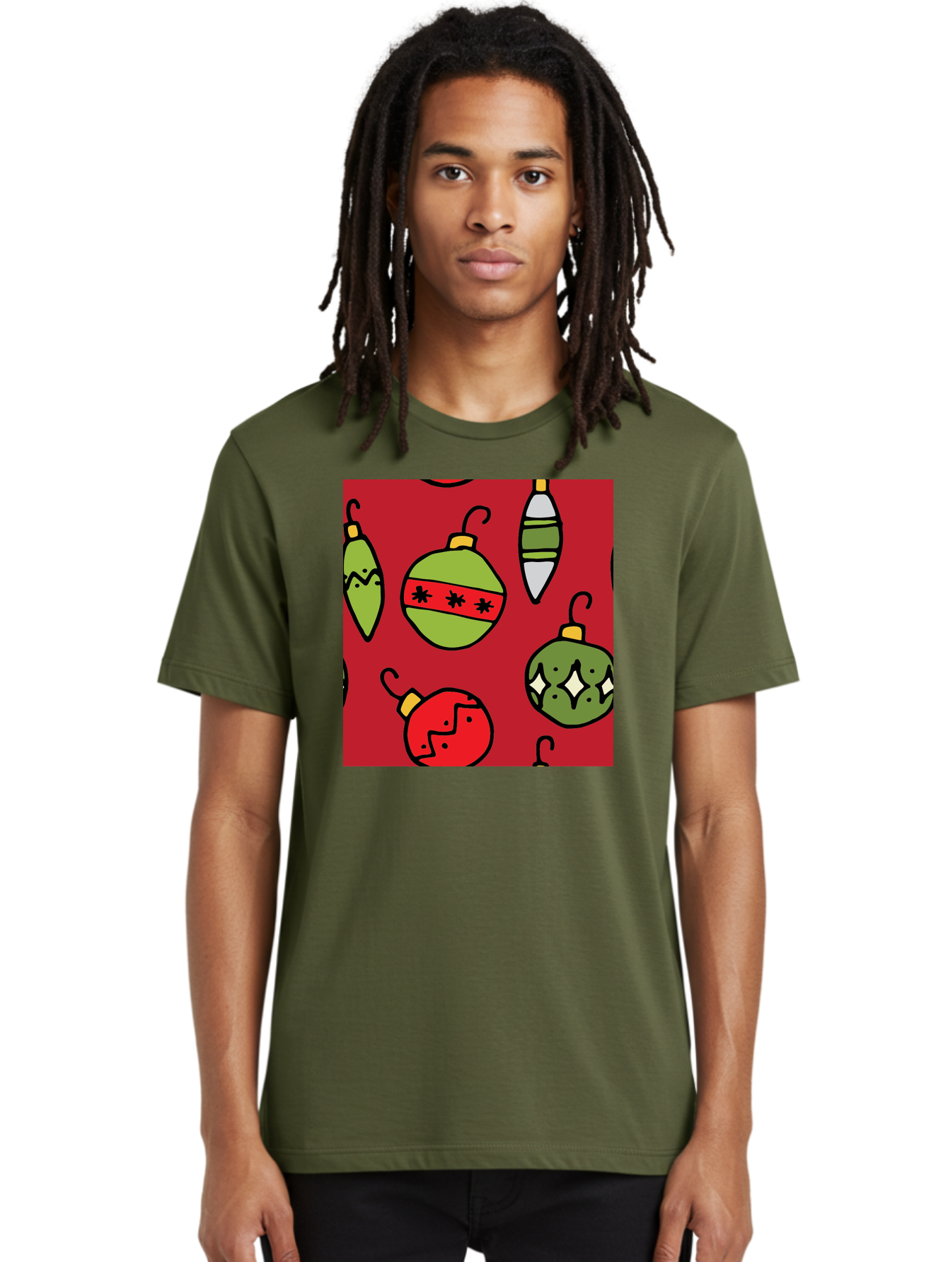 Christmas-Ornaments Men'S Graphic Tee, 100% Cotton, Comfortable Casual Summer Wear, Machine Washable, Christmas Decorations, Festive Ornaments, Holiday Baubles, Red And Green Theme, Cartoon Style, Winter Wonderland, Seasonal Decor, - Aaa817