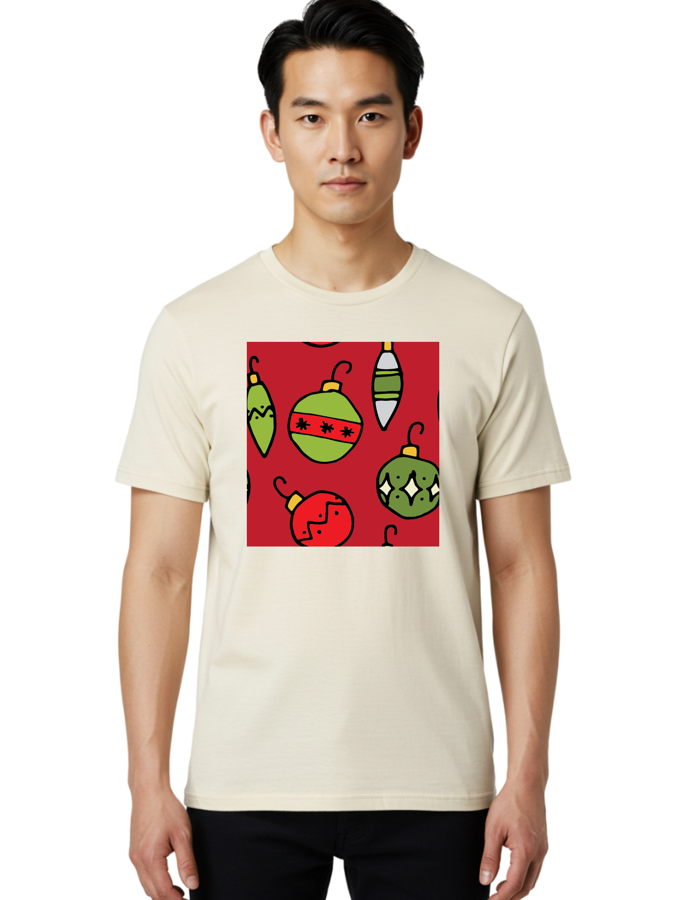 Christmas-Ornaments Men'S Graphic Tee, 100% Cotton, Comfortable Casual Summer Wear, Machine Washable, Christmas Decorations, Festive Ornaments, Holiday Baubles, Red And Green Theme, Cartoon Style, Winter Wonderland, Seasonal Decor, - Aaa817
