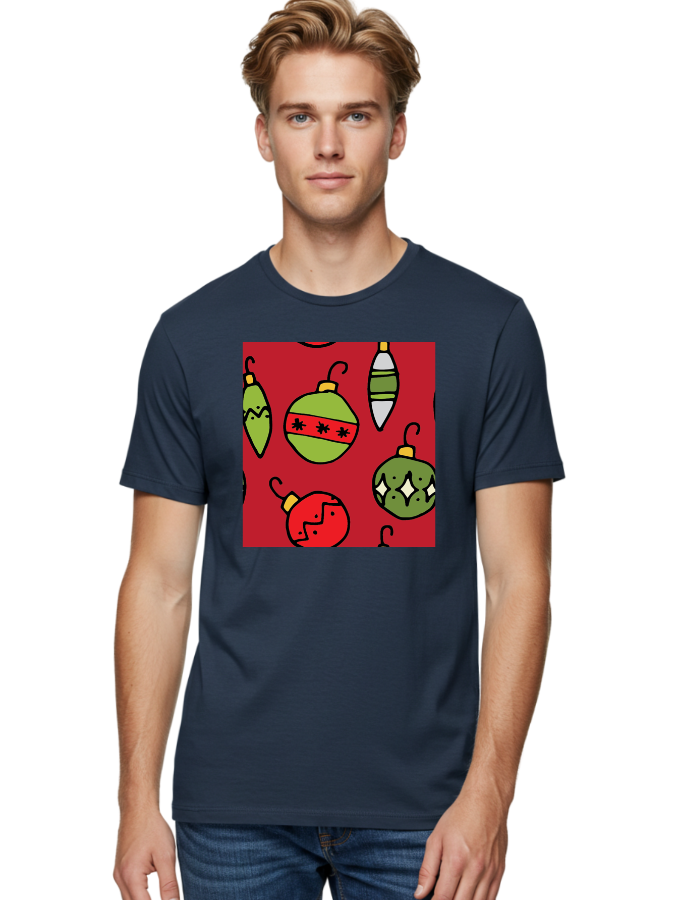 Christmas-Ornaments Men'S Graphic Tee, 100% Cotton, Comfortable Casual Summer Wear, Machine Washable, Christmas Decorations, Festive Ornaments, Holiday Baubles, Red And Green Theme, Cartoon Style, Winter Wonderland, Seasonal Decor, - Aaa817