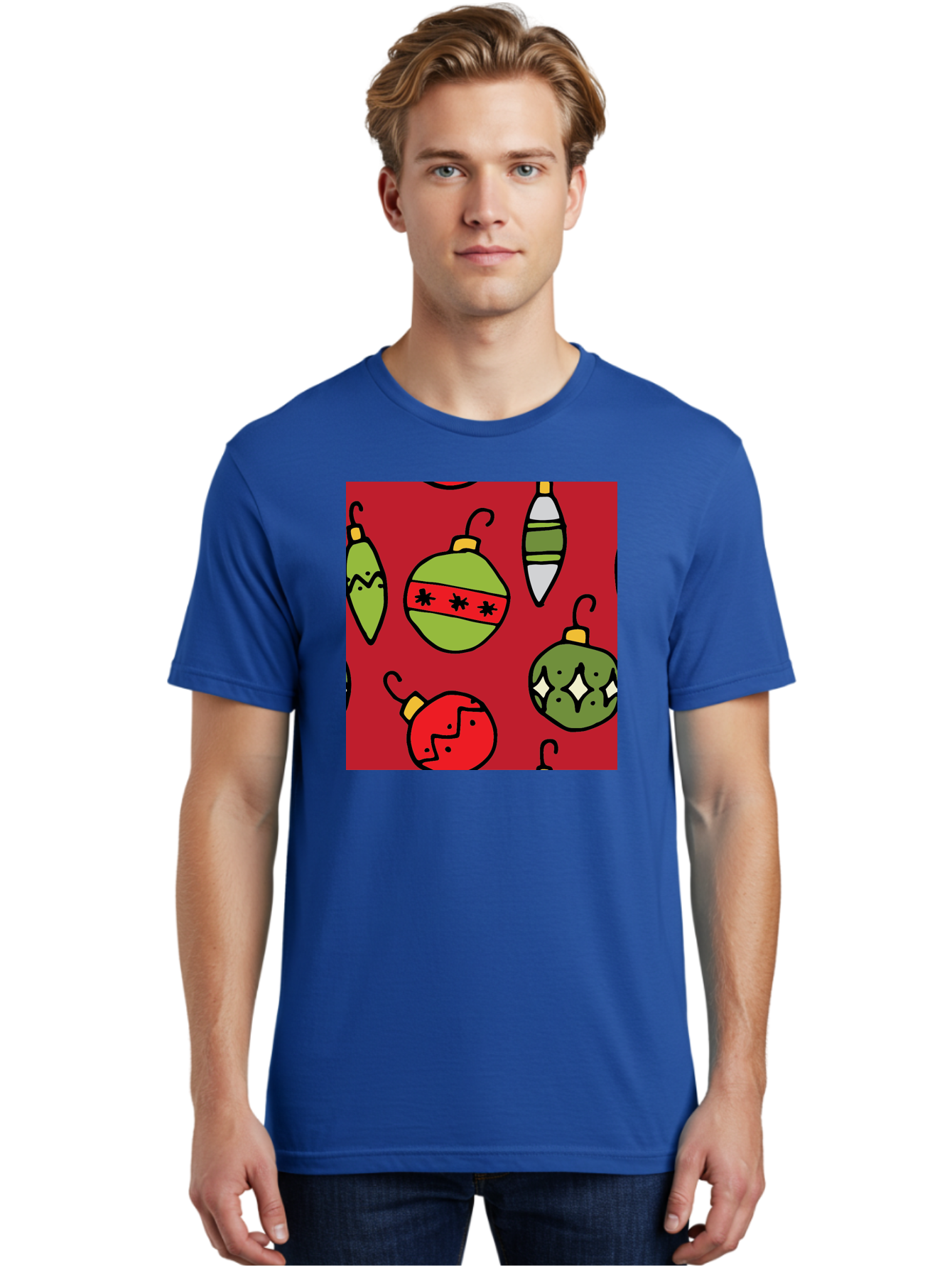 Christmas-Ornaments Men'S Graphic Tee, 100% Cotton, Comfortable Casual Summer Wear, Machine Washable, Christmas Decorations, Festive Ornaments, Holiday Baubles, Red And Green Theme, Cartoon Style, Winter Wonderland, Seasonal Decor, - Aaa817