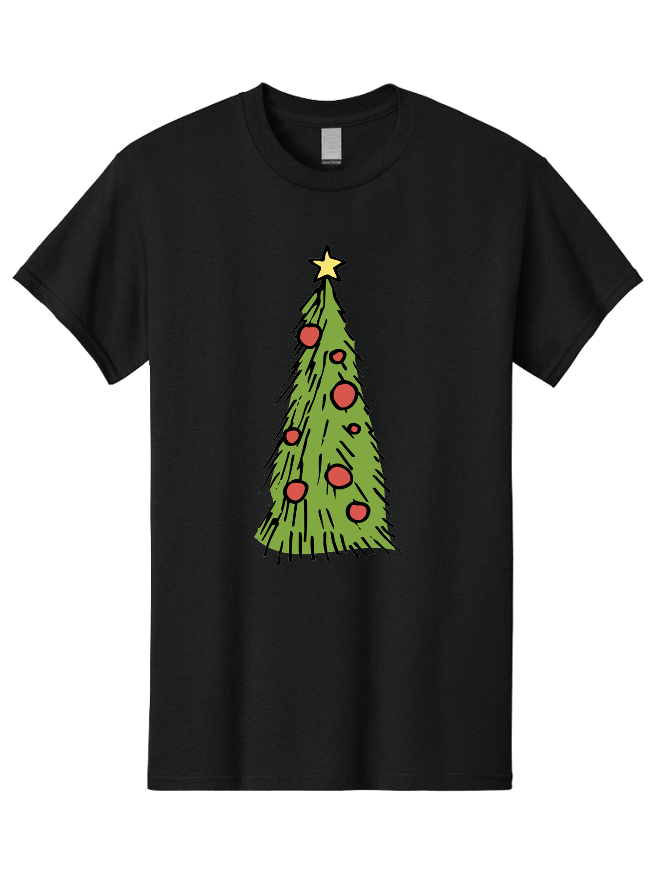 Christmas-Tree-2 Men'S Graphic Tee, 100% Cotton, Comfortable Casual Summer Wear, Machine Washable, Christmas Tree, Festive Decorations, Red Ornaments, Yellow Star, Holiday Season, Winter Wonderland, Cartoon Illustration, Simple Design - Aaa823